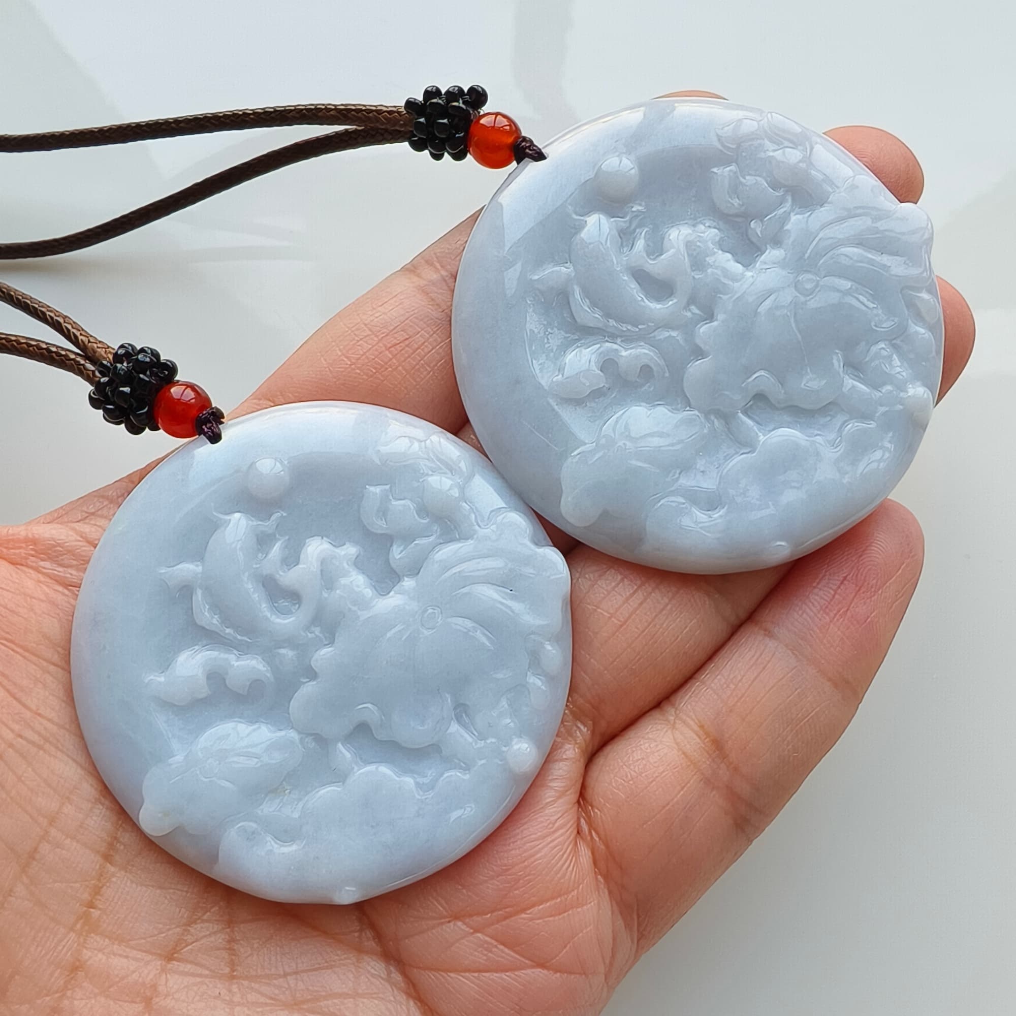 DDP 50mm Natural Type A  Certificated Untreated Light Lavender Burmese Jadeite Round Pendant With Flower And Fish Carved