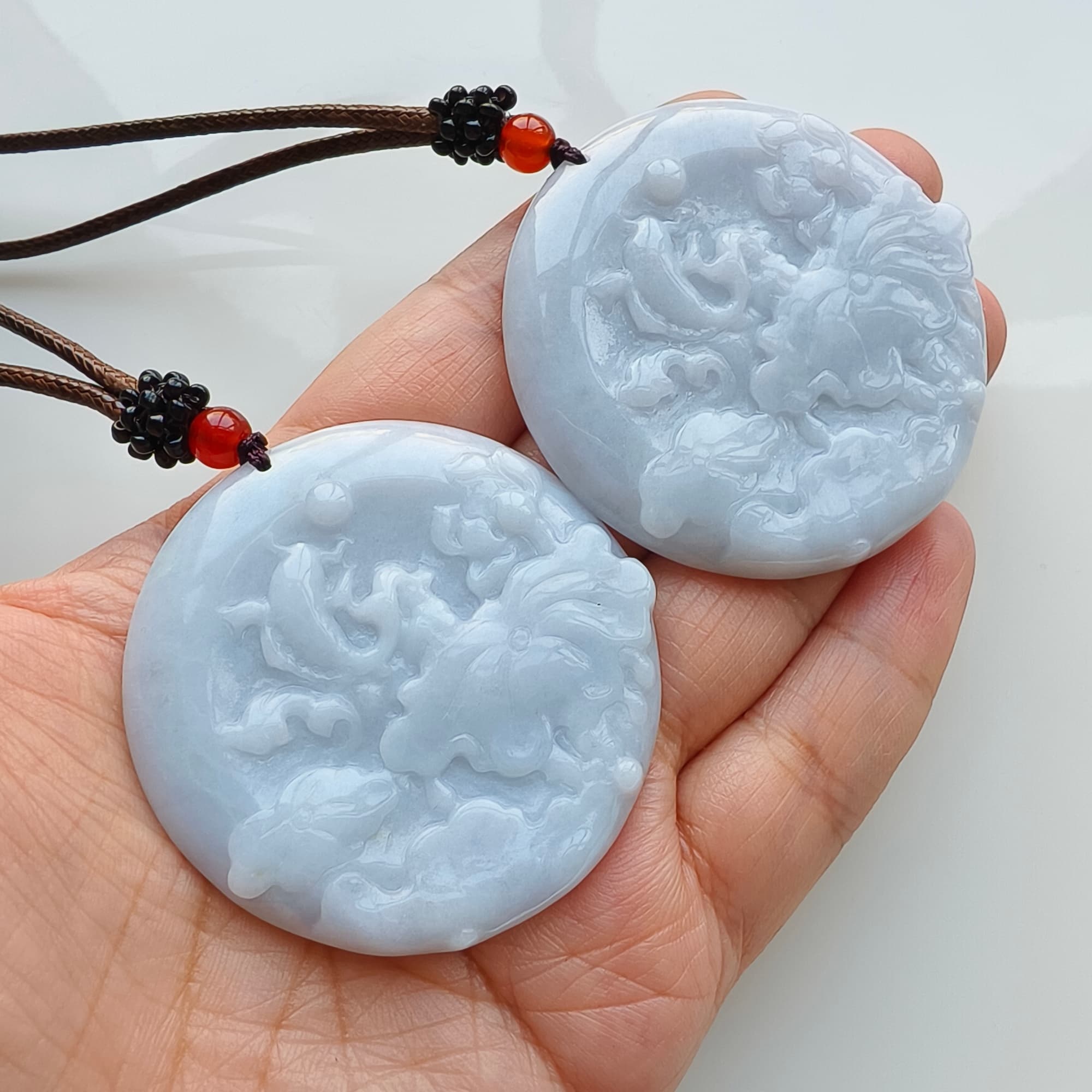 DDP 50mm Natural Type A  Certificated Untreated Light Lavender Burmese Jadeite Round Pendant With Flower And Fish Carved