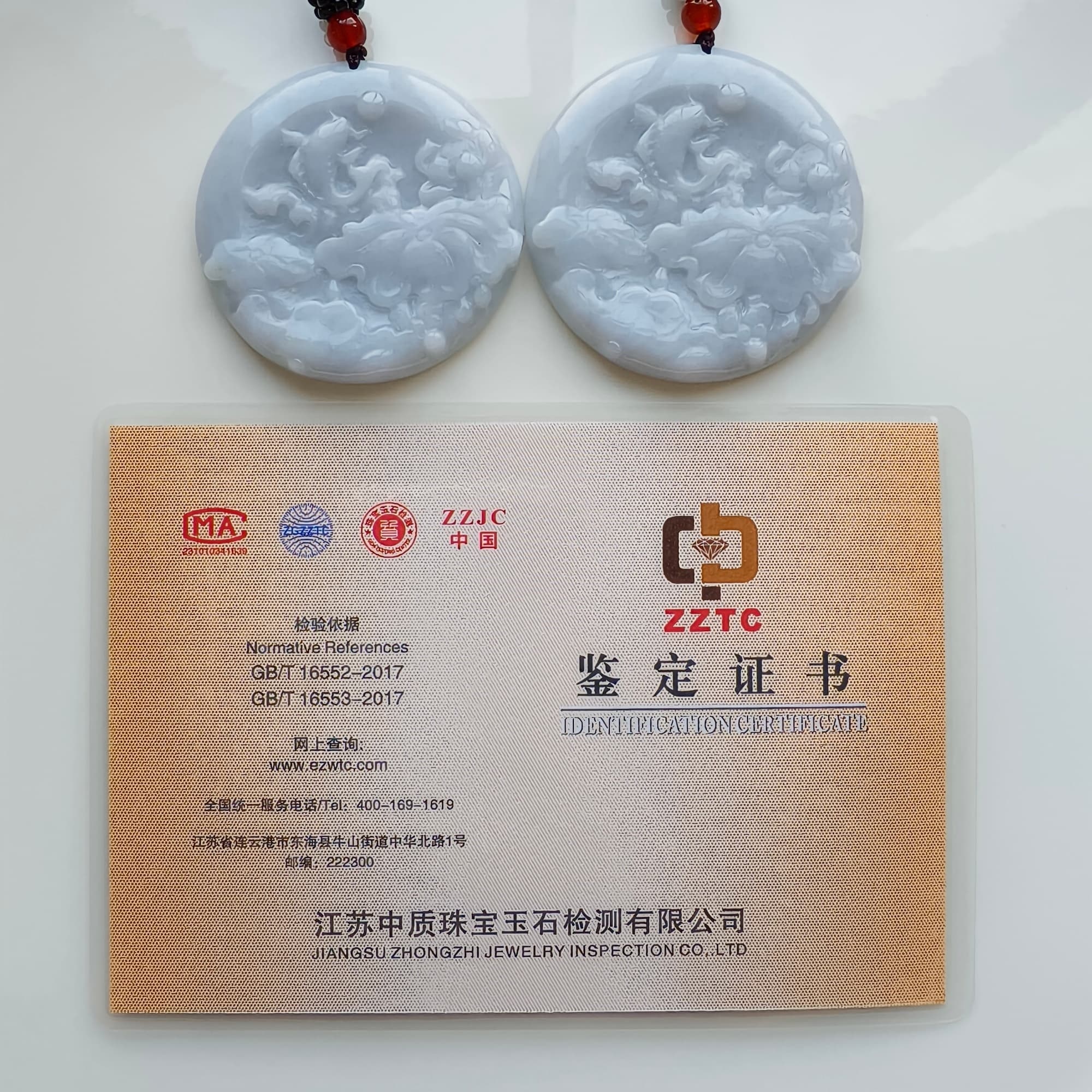 DDP 50mm Natural Type A  Certificated Untreated Light Lavender Burmese Jadeite Round Pendant With Flower And Fish Carved
