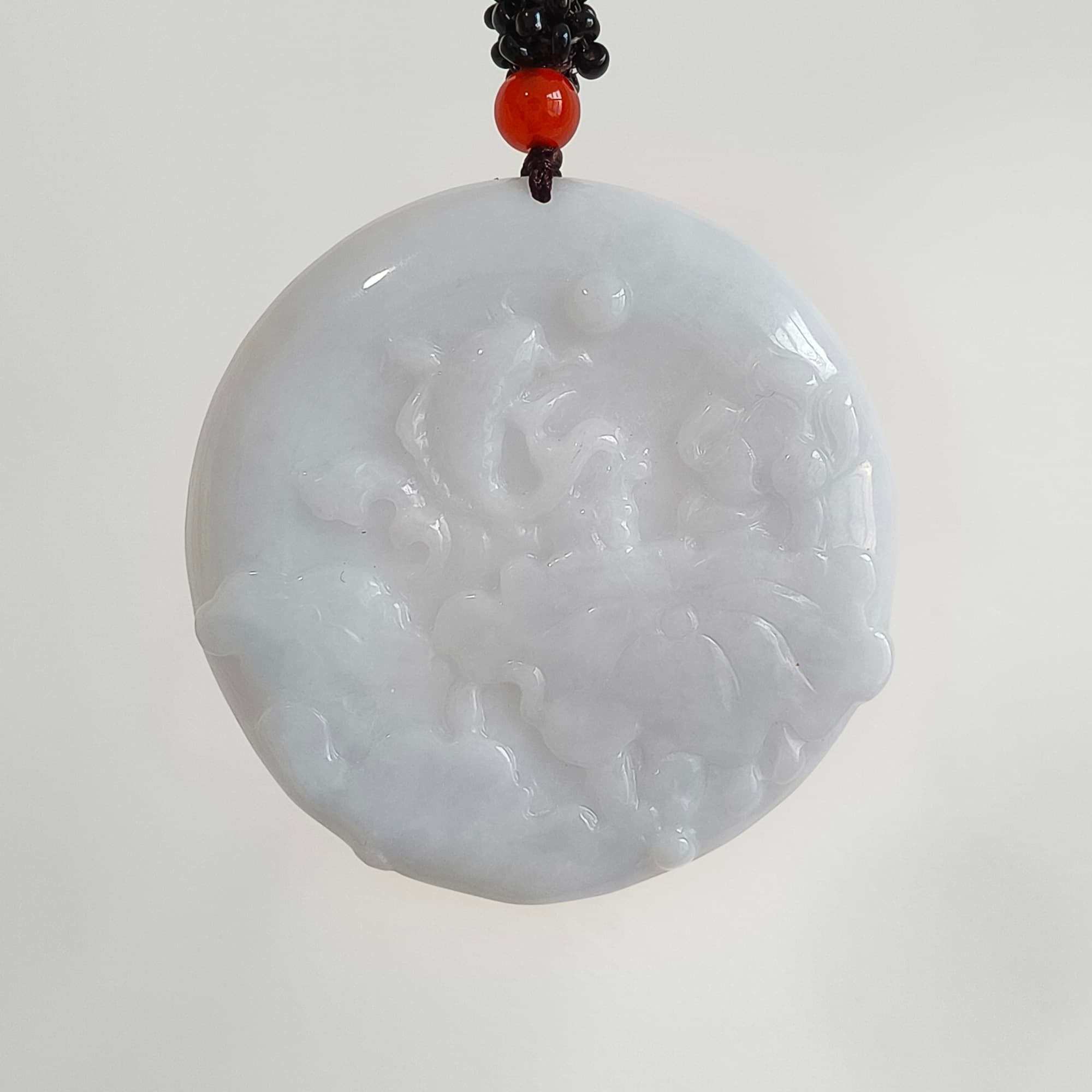 DDP 50mm Natural Type A  Certificated Untreated Light Lavender Burmese Jadeite Round Pendant With Flower And Fish Carved