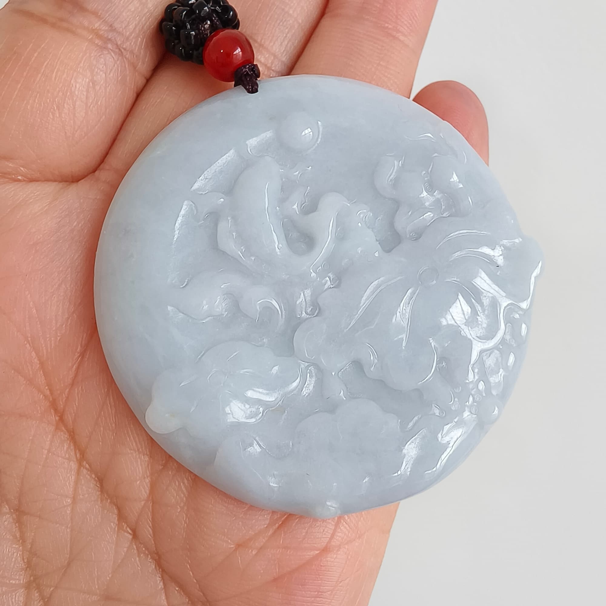 DDP 50mm Natural Type A  Certificated Untreated Light Lavender Burmese Jadeite Round Pendant With Flower And Fish Carved