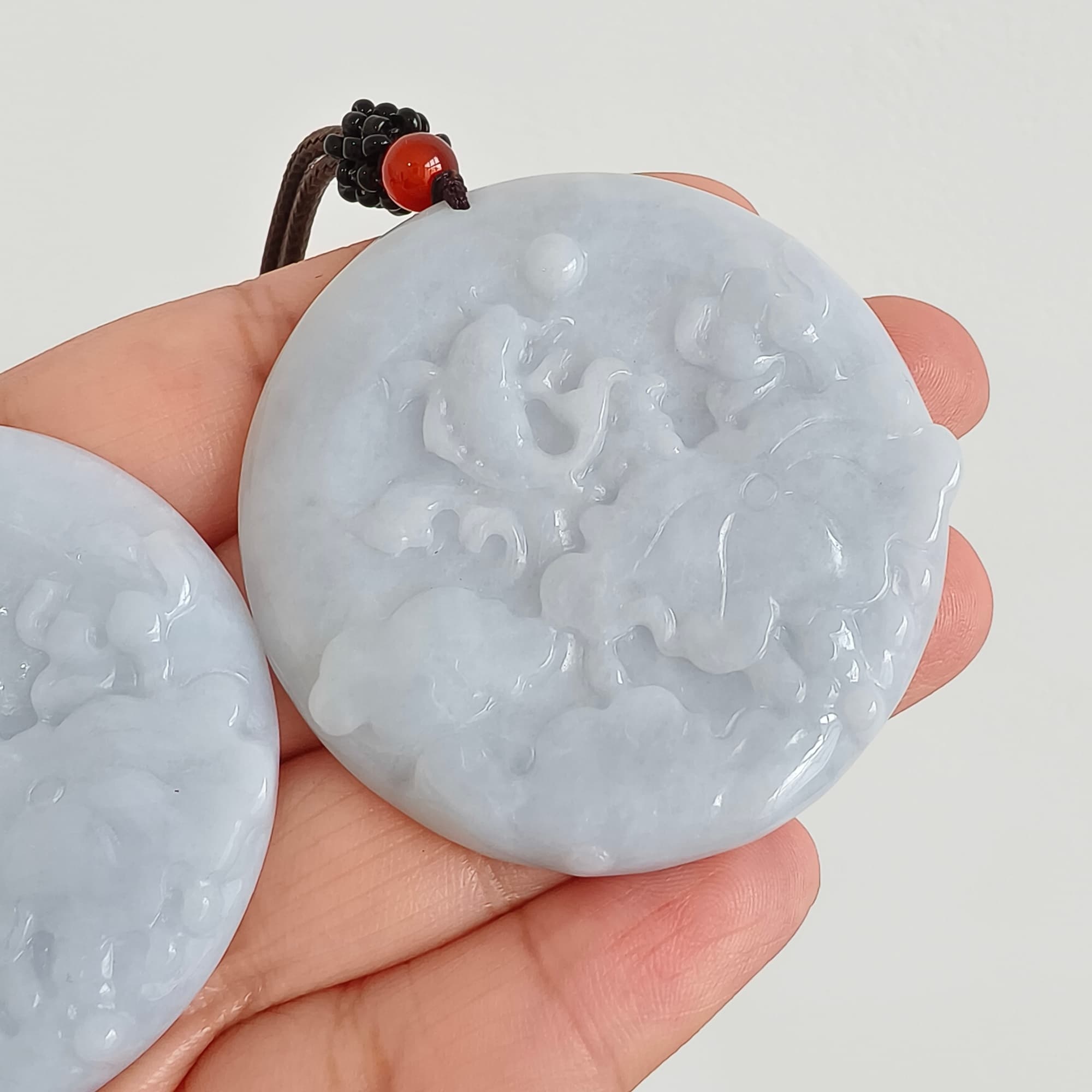 DDP 50mm Natural Type A  Certificated Untreated Light Lavender Burmese Jadeite Round Pendant With Flower And Fish Carved
