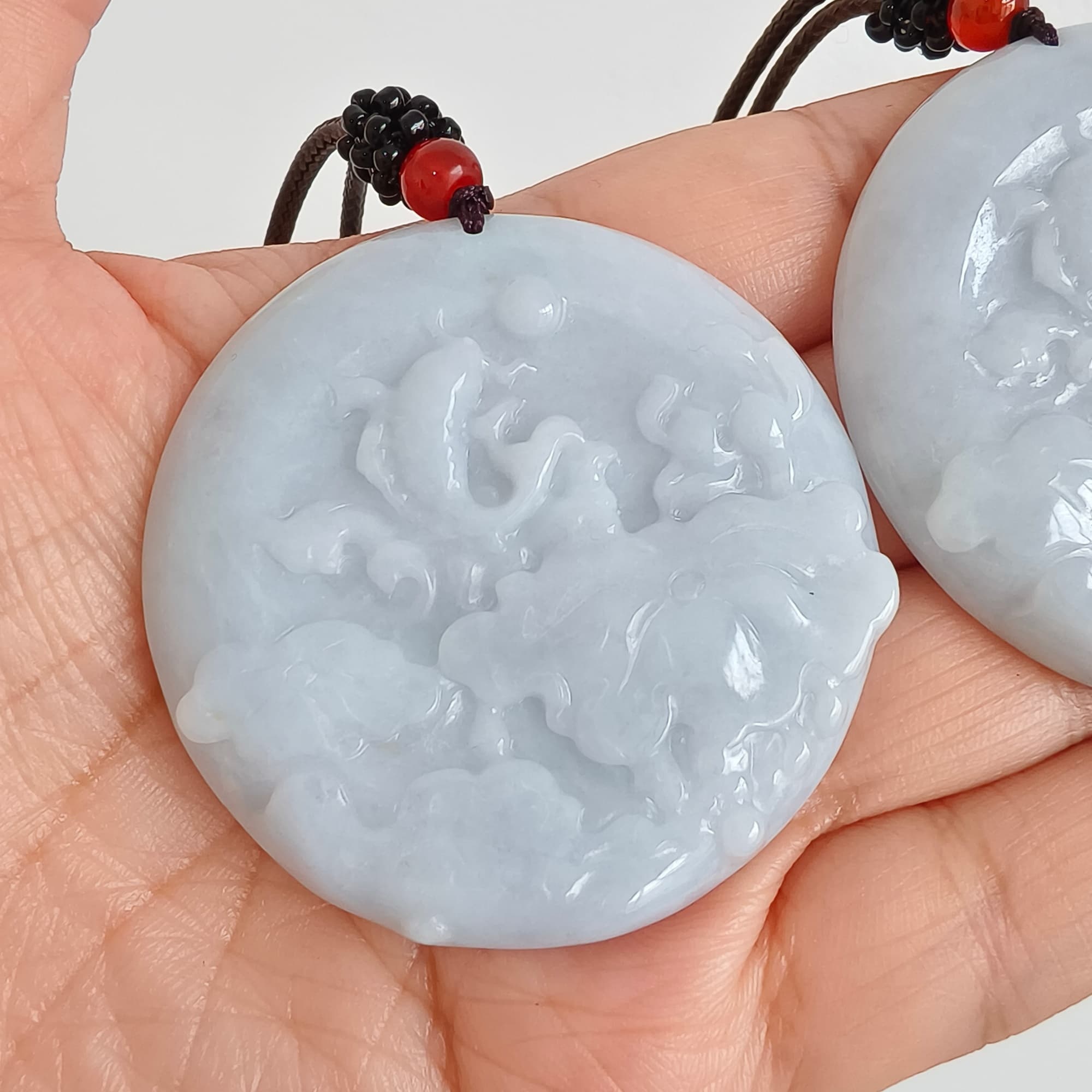 DDP 50mm Natural Type A  Certificated Untreated Light Lavender Burmese Jadeite Round Pendant With Flower And Fish Carved