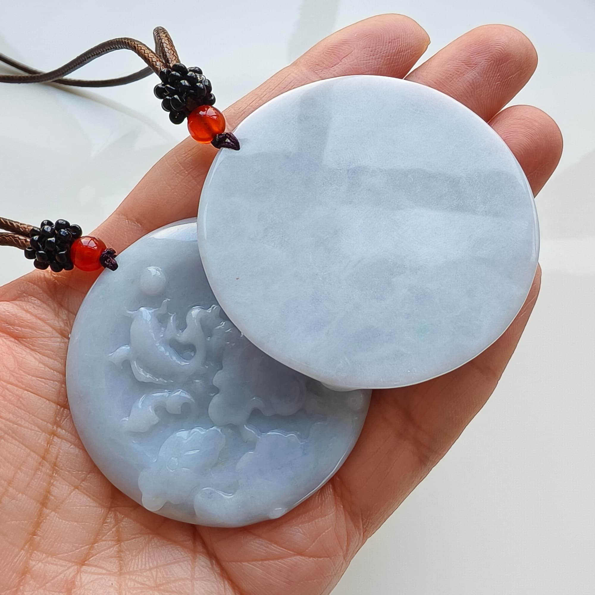 DDP 50mm Natural Type A  Certificated Untreated Light Lavender Burmese Jadeite Round Pendant With Flower And Fish Carved