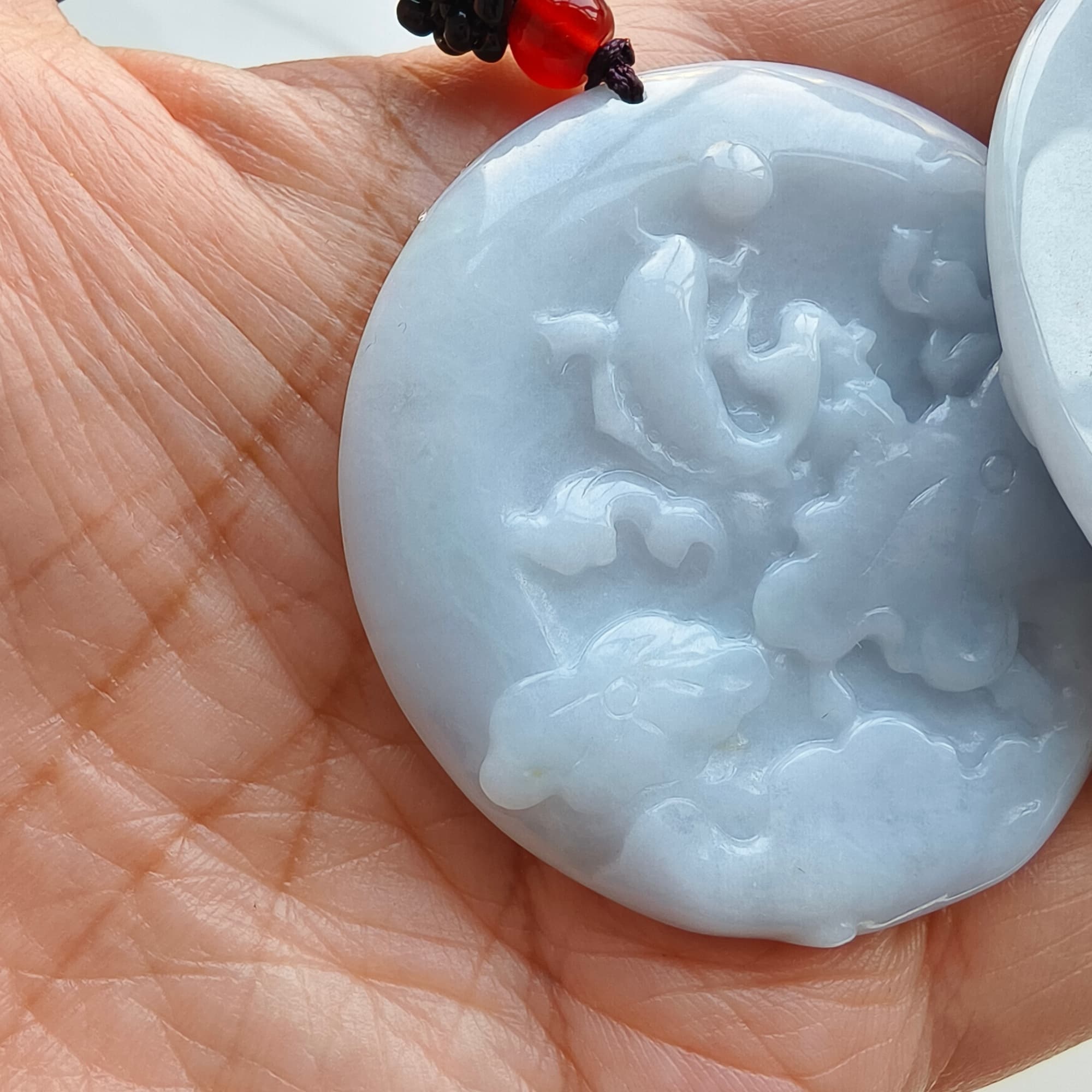 DDP 50mm Natural Type A  Certificated Untreated Light Lavender Burmese Jadeite Round Pendant With Flower And Fish Carved