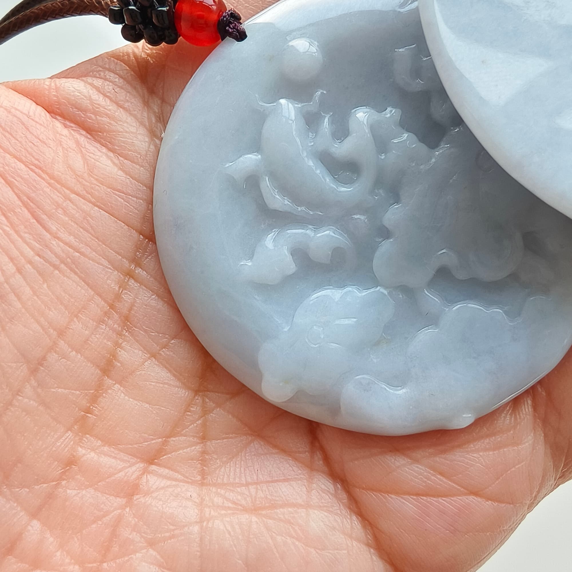 DDP 50mm Natural Type A  Certificated Untreated Light Lavender Burmese Jadeite Round Pendant With Flower And Fish Carved
