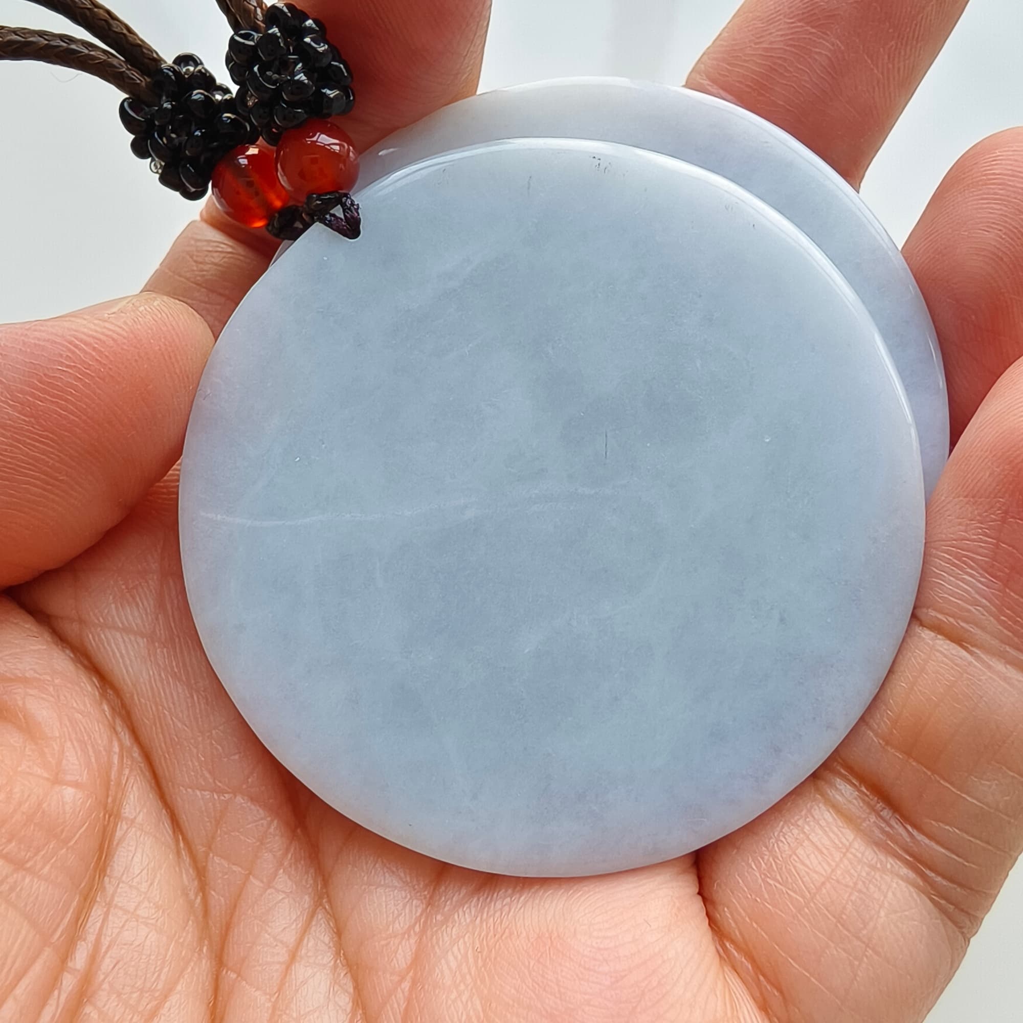 DDP 50mm Natural Type A  Certificated Untreated Light Lavender Burmese Jadeite Round Pendant With Flower And Fish Carved