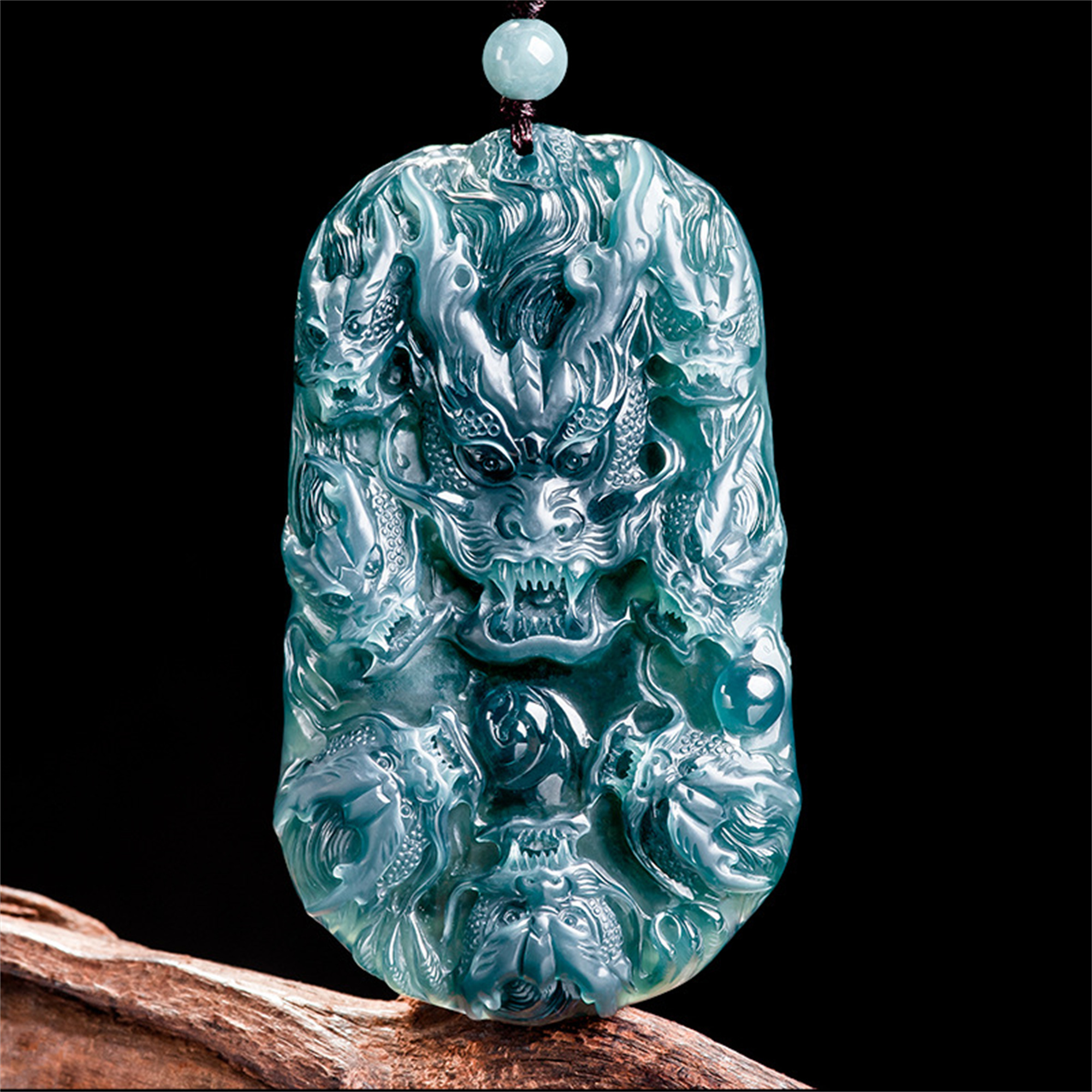 Unique Natural Type A Untreated Icy Blue Watery Guatemalan Jadeite Hand Carved Nine Dragons九龙护主 Pendant,Irregular Dragon Plaque