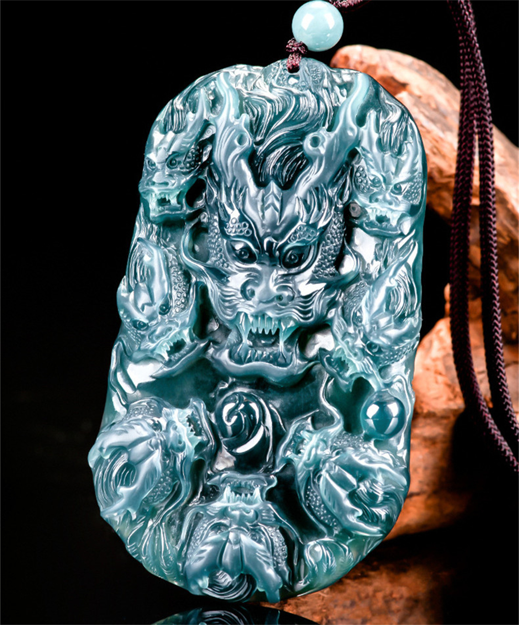 Unique Natural Type A Untreated Icy Blue Watery Guatemalan Jadeite Hand Carved Nine Dragons九龙护主 Pendant,Irregular Dragon Plaque