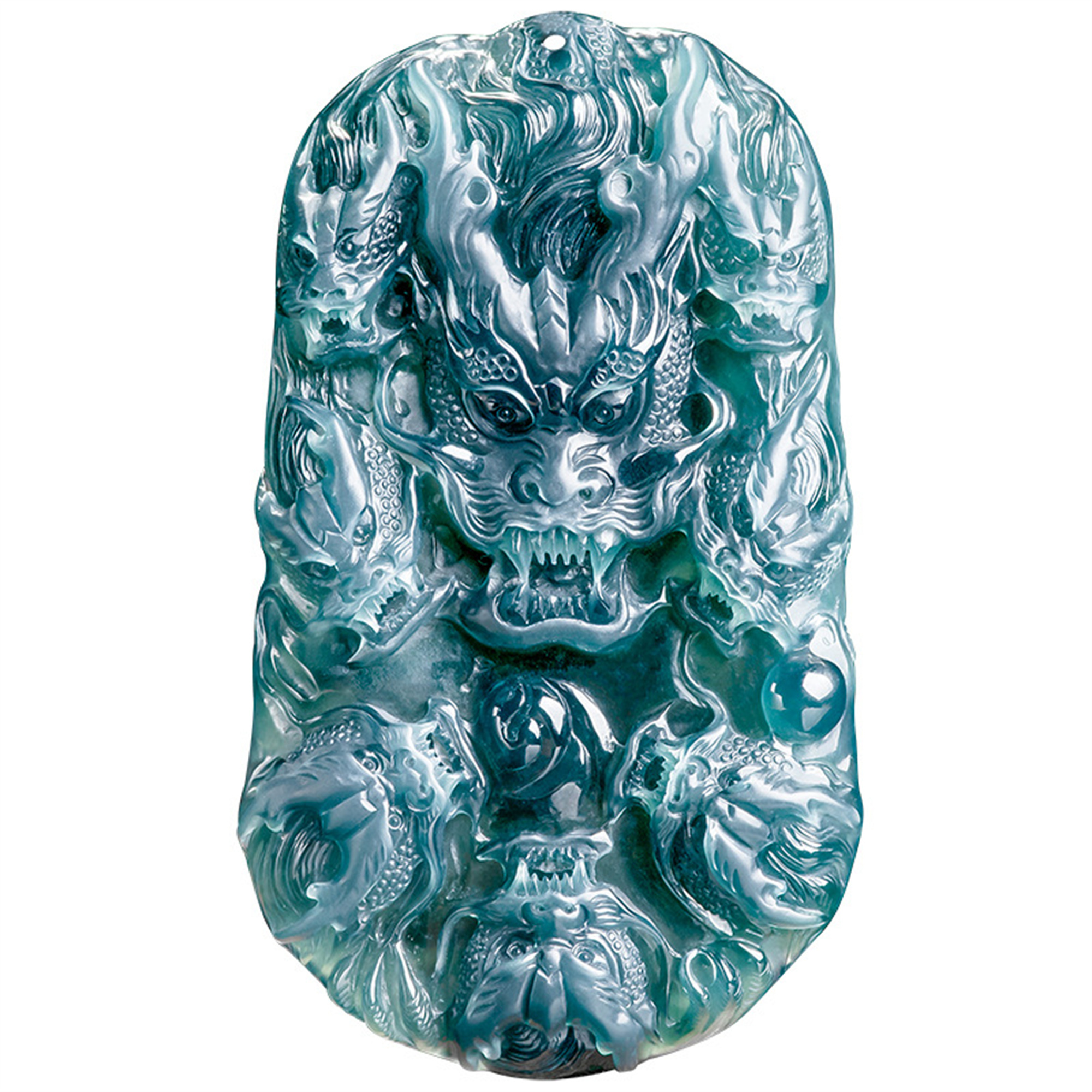 Unique Natural Type A Untreated Icy Blue Watery Guatemalan Jadeite Hand Carved Nine Dragons九龙护主 Pendant,Irregular Dragon Plaque