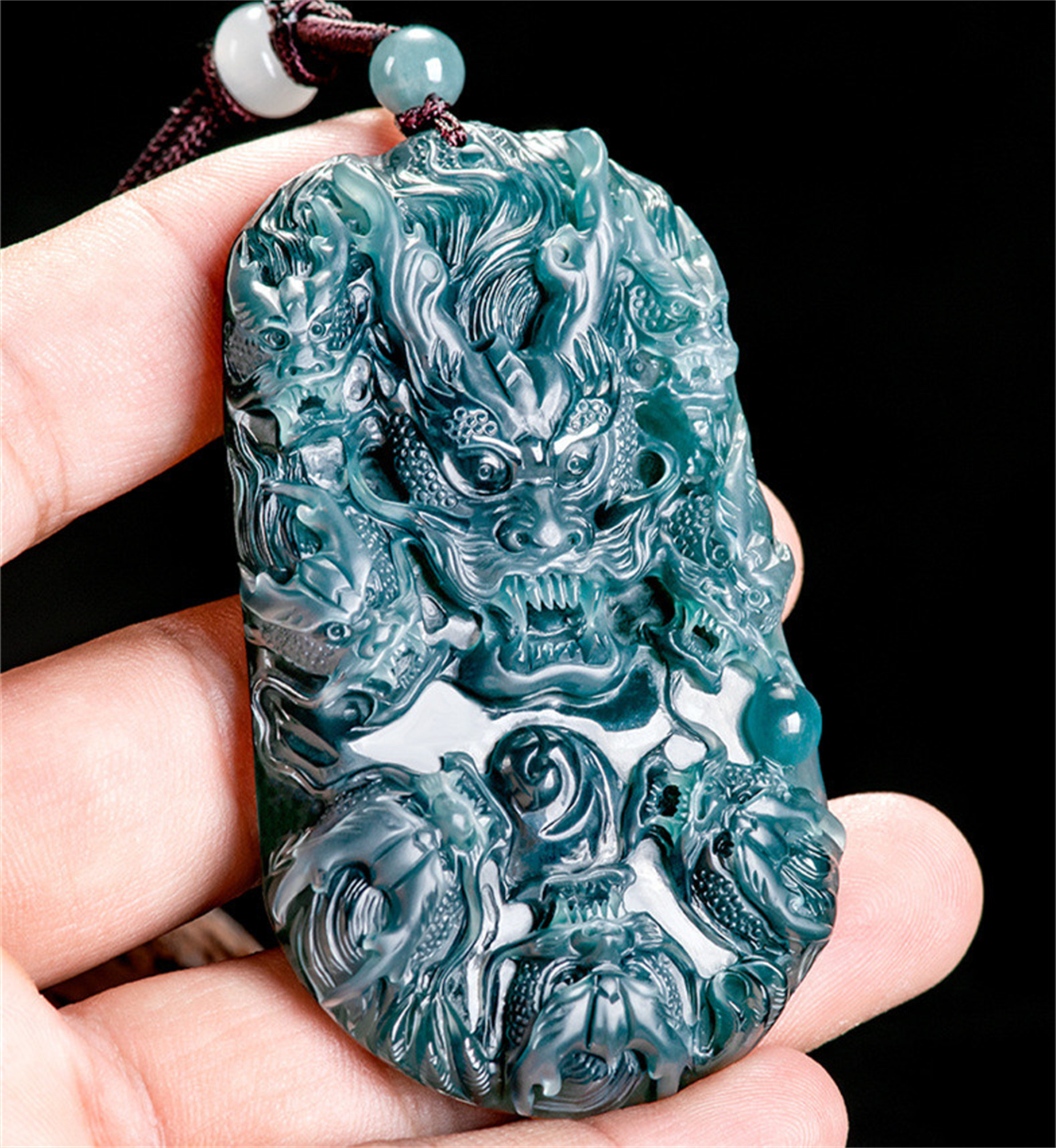 Unique Natural Type A Untreated Icy Blue Watery Guatemalan Jadeite Hand Carved Nine Dragons九龙护主 Pendant,Irregular Dragon Plaque