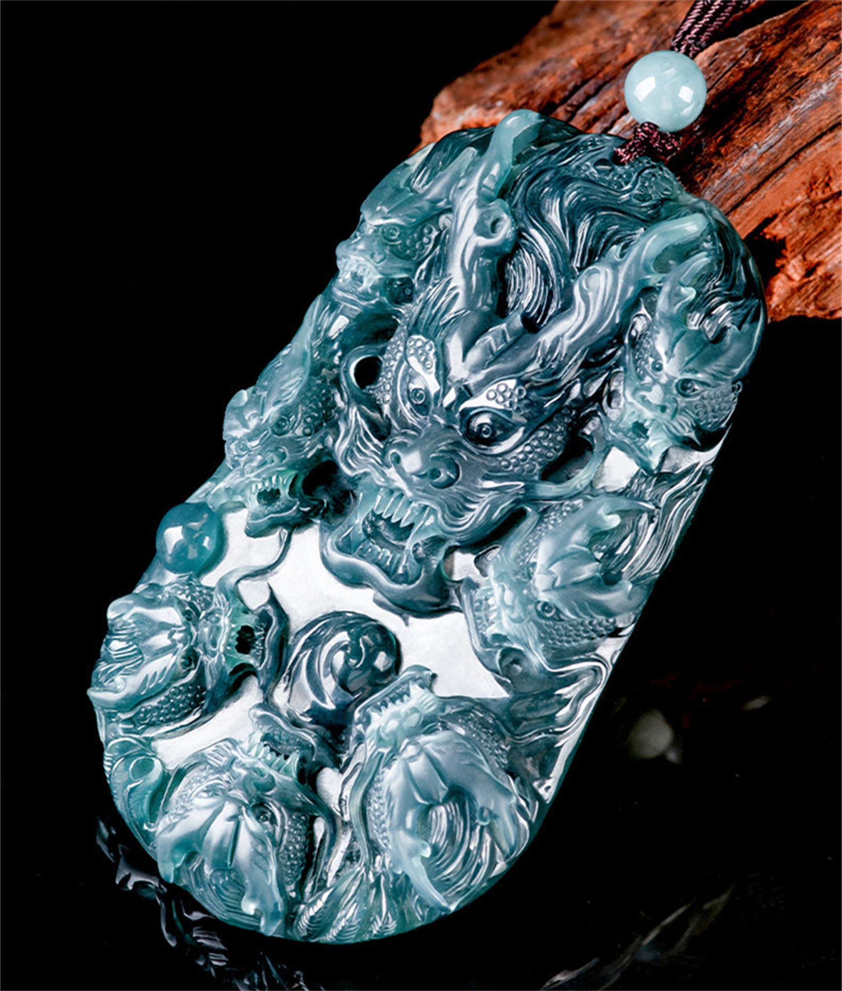 Unique Natural Type A Untreated Icy Blue Watery Guatemalan Jadeite Hand Carved Nine Dragons九龙护主 Pendant,Irregular Dragon Plaque