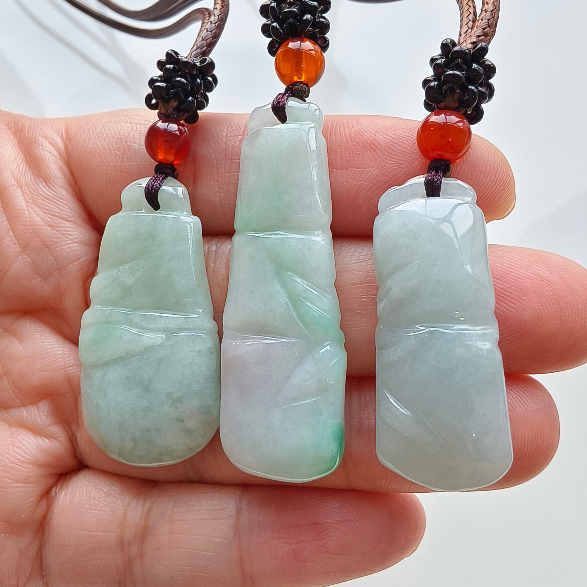 DDP 3pcs 34-45mm Natural Type A Untreated Green Burmese Jadeite Bamboo Joint Pendant