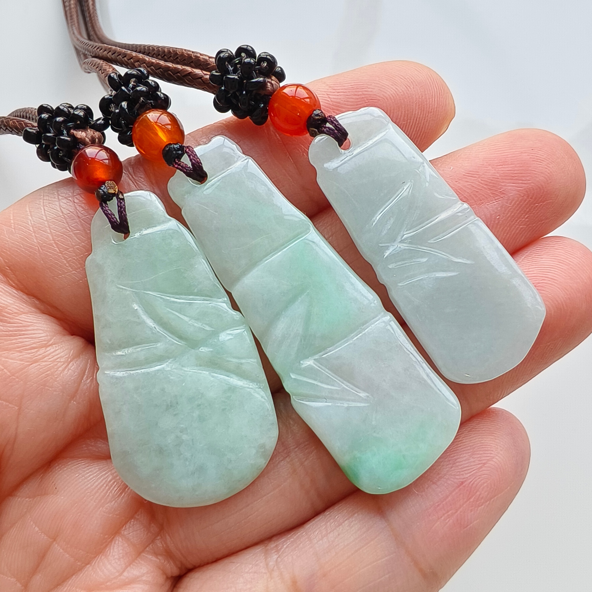 DDP 3pcs 34-45mm Natural Type A Untreated Green Burmese Jadeite Bamboo Joint Pendant