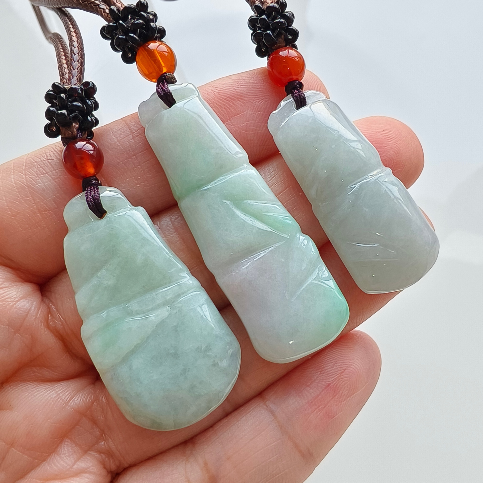 DDP 3pcs 34-45mm Natural Type A Untreated Green Burmese Jadeite Bamboo Joint Pendant