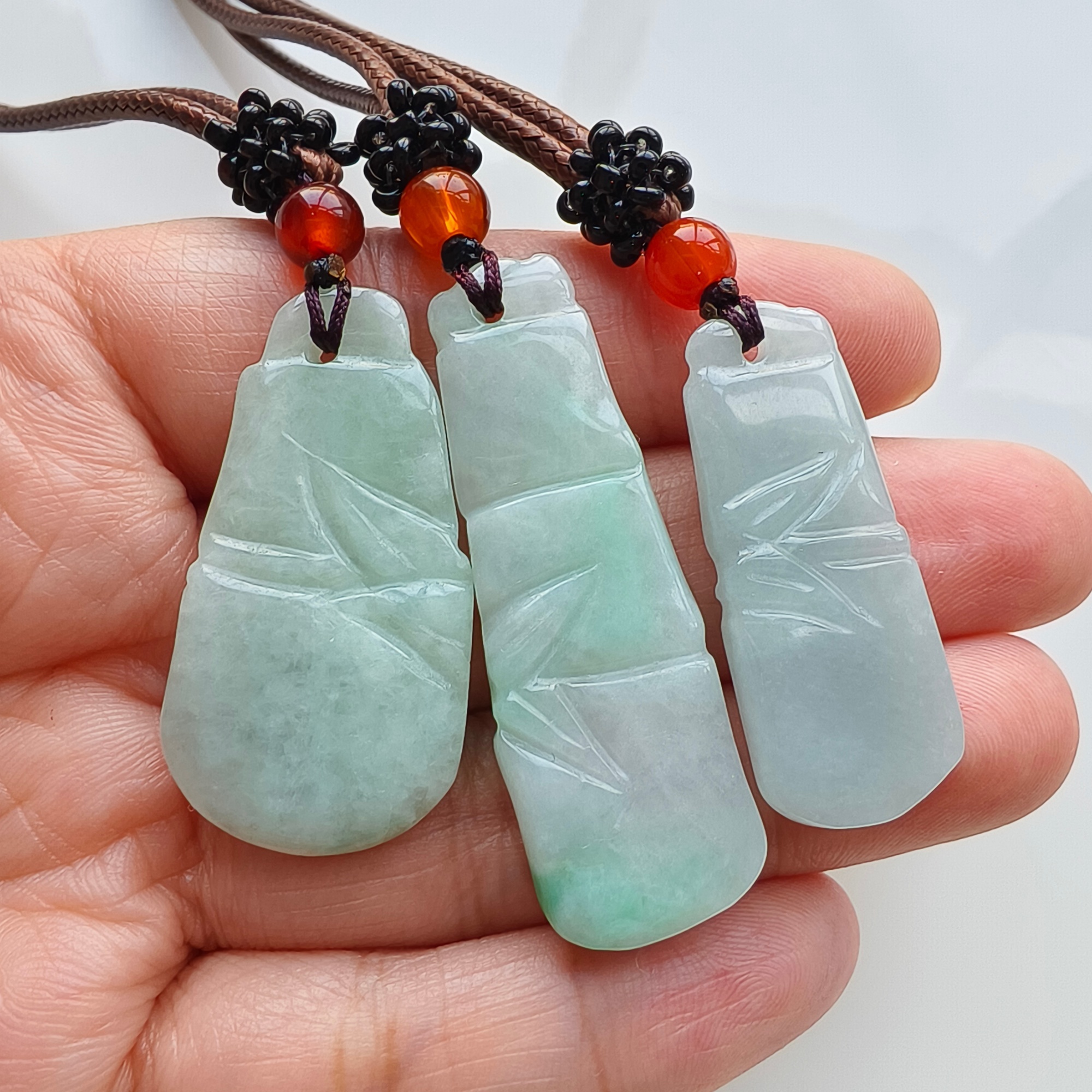 DDP 3pcs 34-45mm Natural Type A Untreated Green Burmese Jadeite Bamboo Joint Pendant