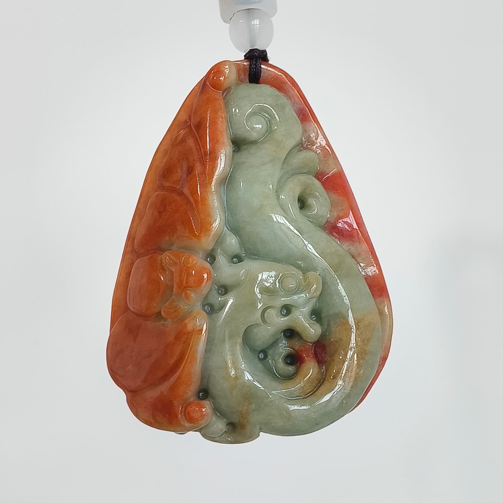 DDP 50mm Natural Certificated Red Green Burmese Jadeite Irregular Pendant With Dragon And Gecko Carved