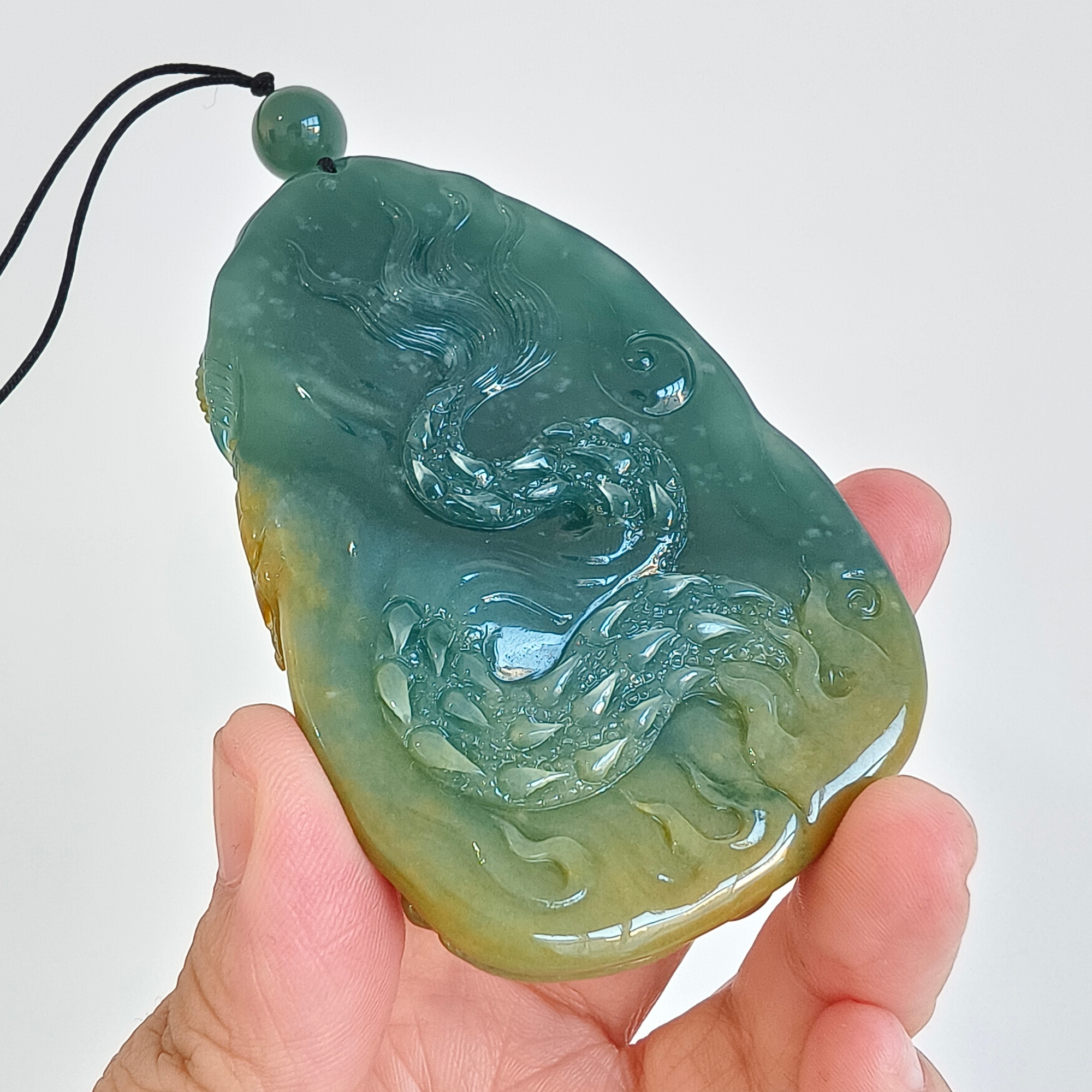 81mm Natural Certificated Icy Waxy Blue Yellow Guatemalan Jadeite Dragon Amulet Pendant
