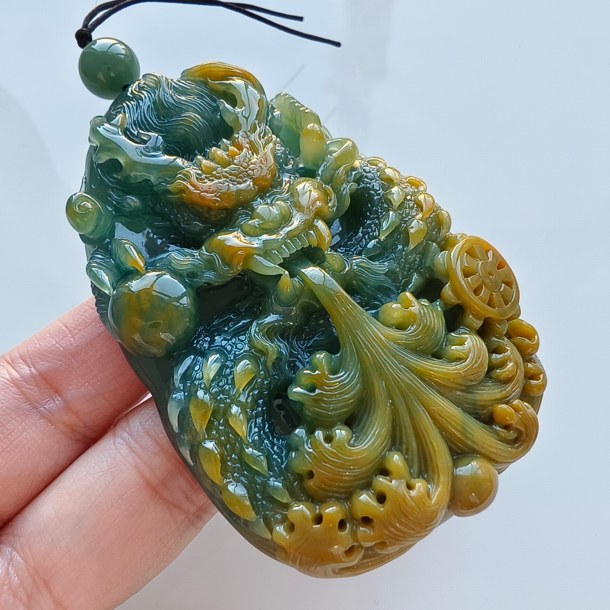 81mm Natural Certificated Icy Waxy Blue Yellow Guatemalan Jadeite Dragon Amulet Pendant