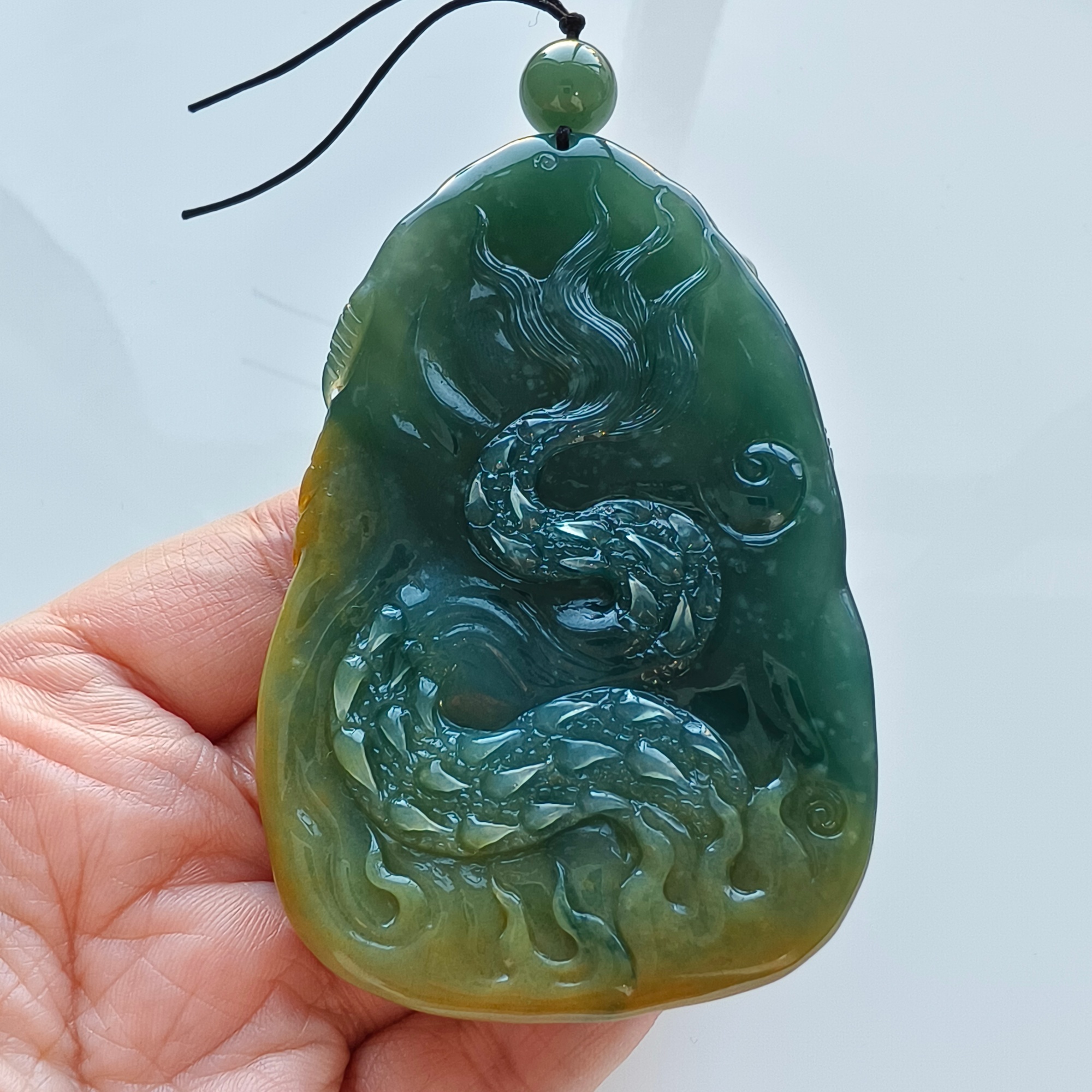 81mm Natural Certificated Icy Waxy Blue Yellow Guatemalan Jadeite Dragon Amulet Pendant