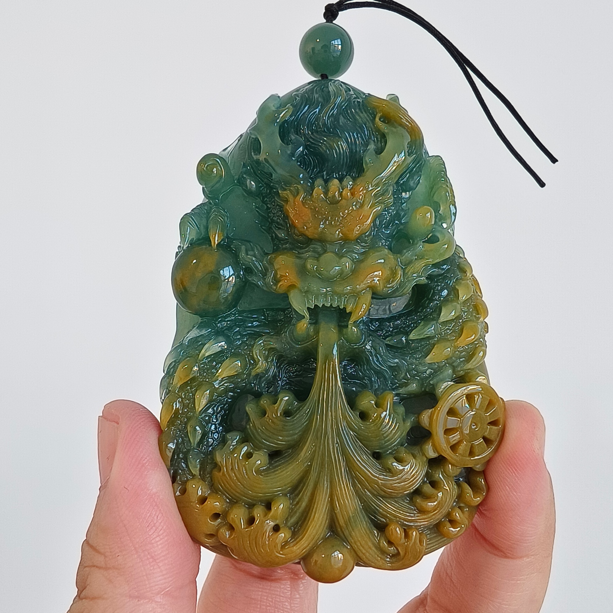 81mm Natural Certificated Icy Waxy Blue Yellow Guatemalan Jadeite Dragon Amulet Pendant