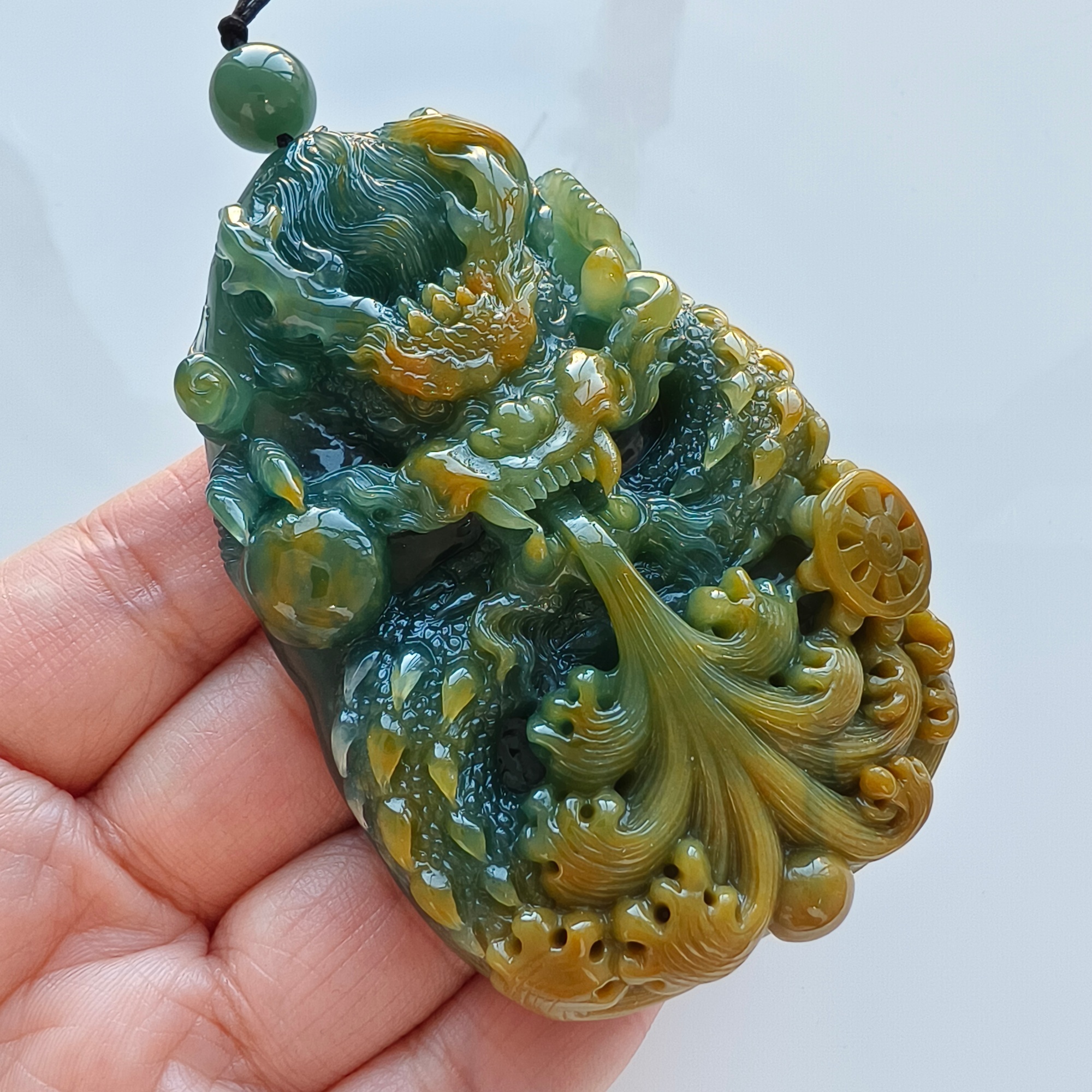 81mm Natural Certificated Icy Waxy Blue Yellow Guatemalan Jadeite Dragon Amulet Pendant