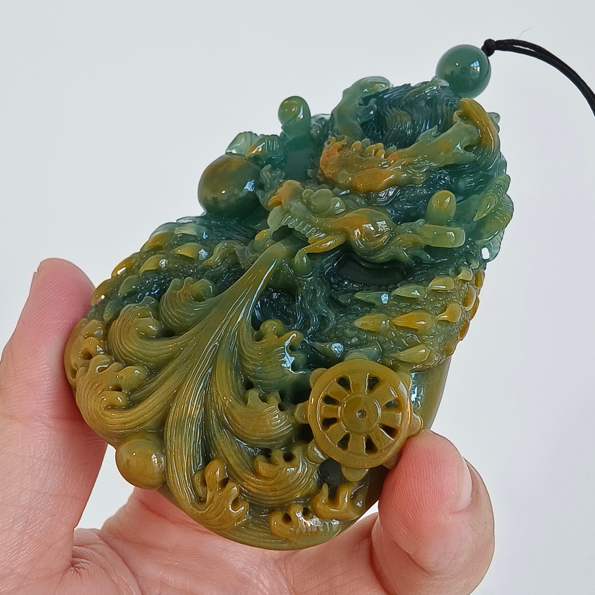 81mm Natural Certificated Icy Waxy Blue Yellow Guatemalan Jadeite Dragon Amulet Pendant