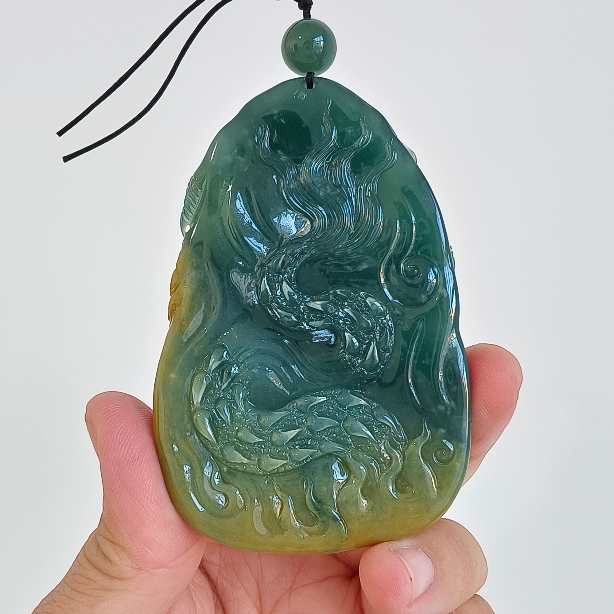 81mm Natural Certificated Icy Waxy Blue Yellow Guatemalan Jadeite Dragon Amulet Pendant