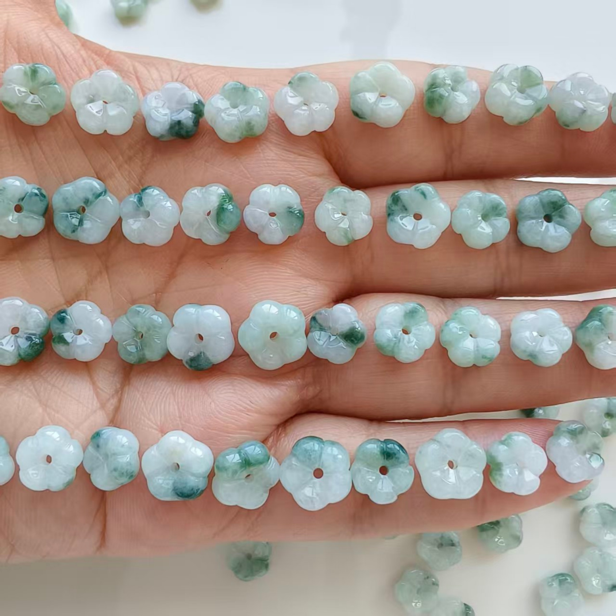 DDP 5pcs 8-9mm Natural Type A Untreated Moss In Snow Burmese Jadeite Flower Beads