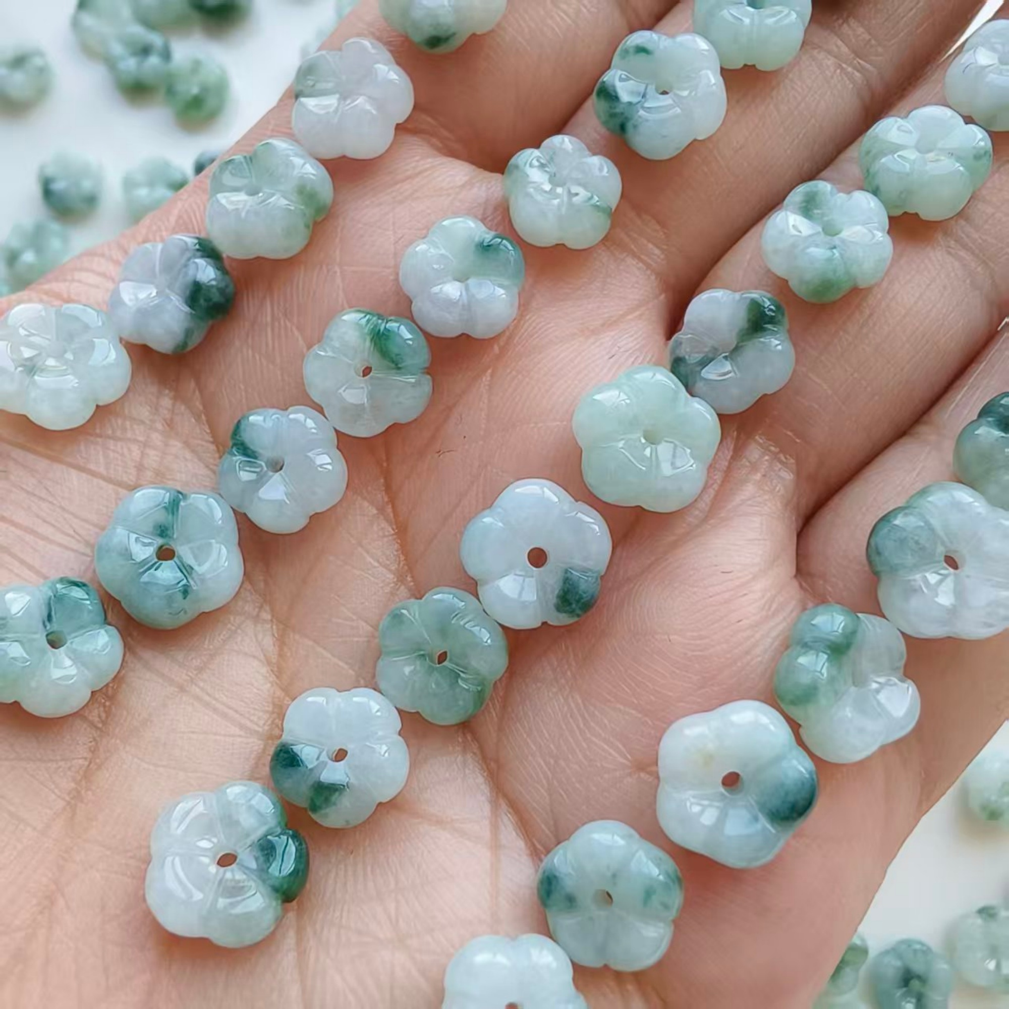 DDP 5pcs 8-9mm Natural Type A Untreated Moss In Snow Burmese Jadeite Flower Beads