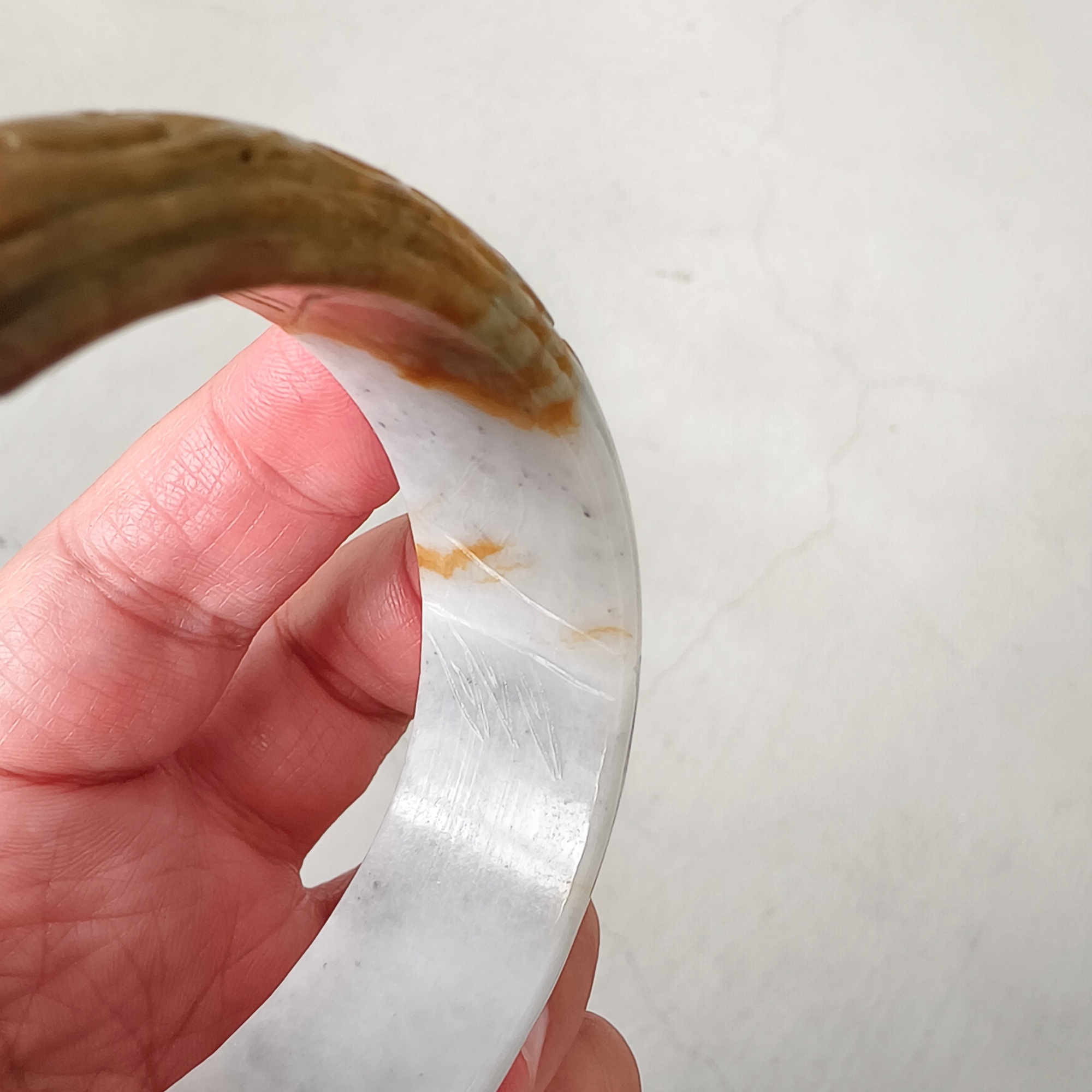 DDP 54.5mm Natural Yellow White Burmese Jadeite Round Band Bangle With Ruyi Carved