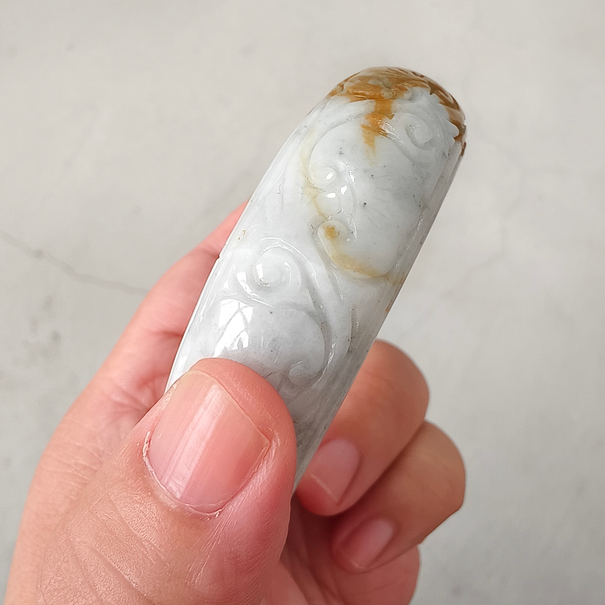 DDP 54.5mm Natural Yellow White Burmese Jadeite Round Band Bangle With Ruyi Carved