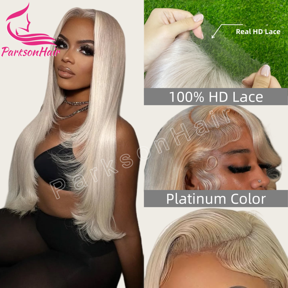 ParksonHair Platinum HD Lace Human Hair Wig 13x4 HD Lace Frontal Wig Ash Blonde #60 Straight 180% Density Wigs