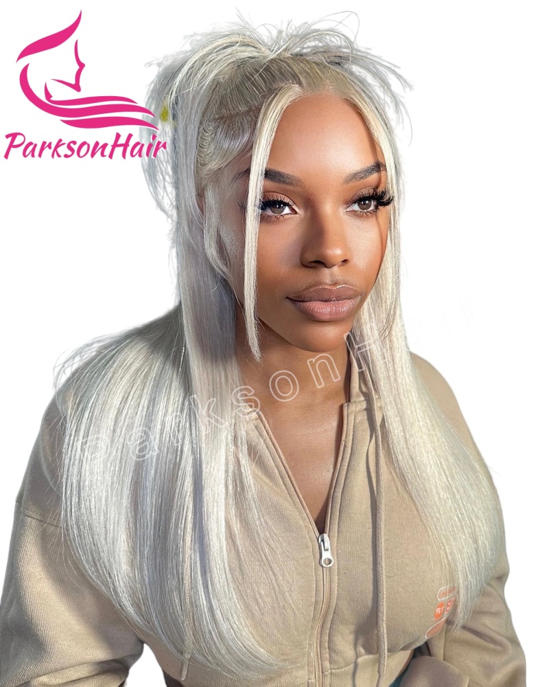 ParksonHair Platinum HD Lace Human Hair Wig 13x4 HD Lace Frontal Wig Ash Blonde #60 Straight 180% Density Wigs