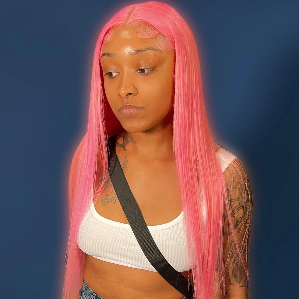 13x4 Pink Colored Human Hair Lace Frontal Wigs Pre Plucked Bone Straight Brazilian 13x6 Lace Front Human Hair Wigs For Women