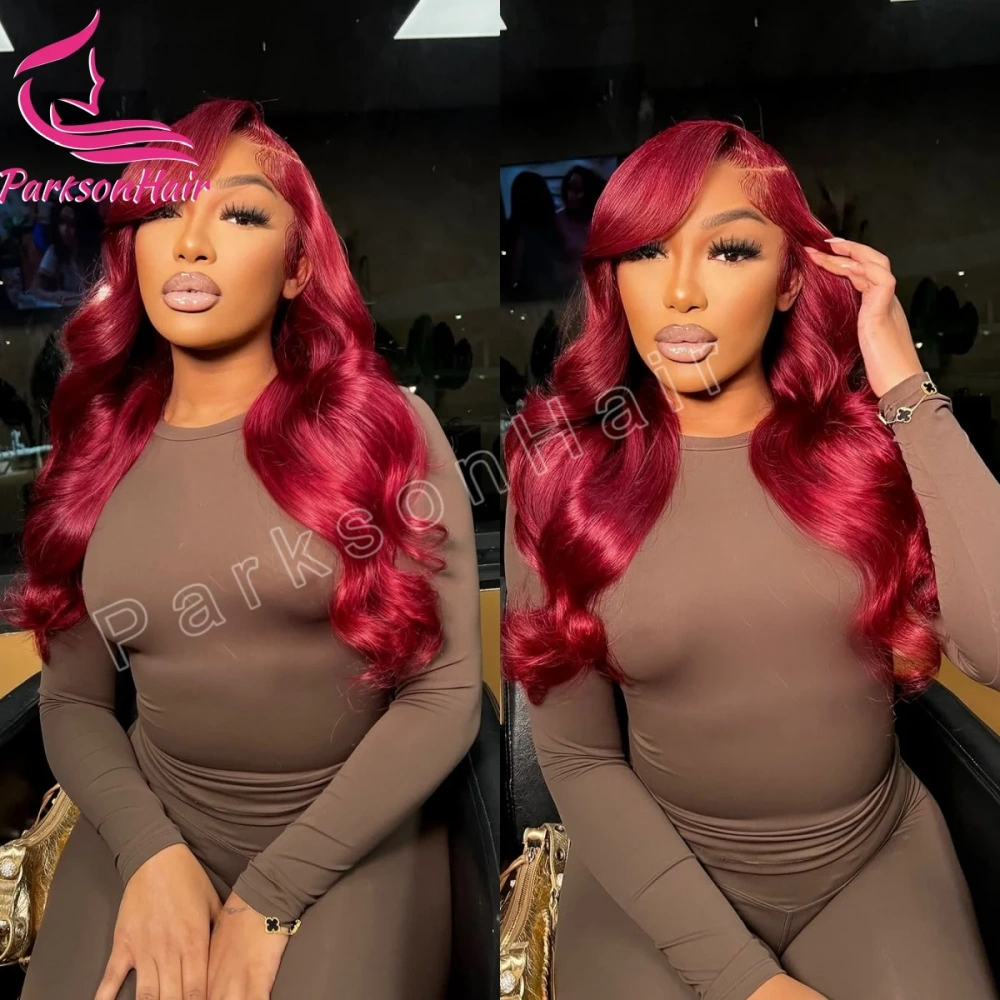 200% 13x4 Transparent Lace Front Wigs For Women Burgundy Pre Plucked Straight Human Hair Wig Brazilian 99J Lace Frontal Wigs