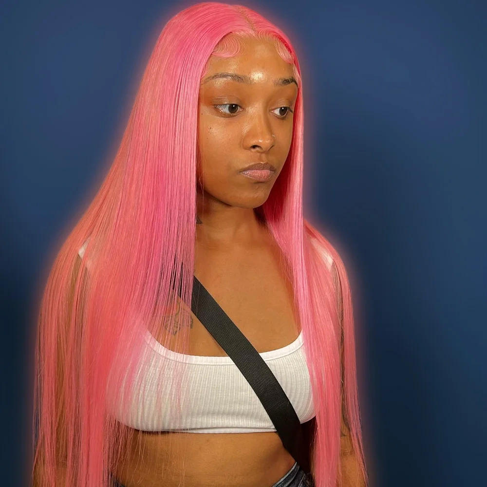 13x4 Pink Colored Human Hair Lace Frontal Wigs Pre Plucked Bone Straight Brazilian 13x6 Lace Front Human Hair Wigs For Women
