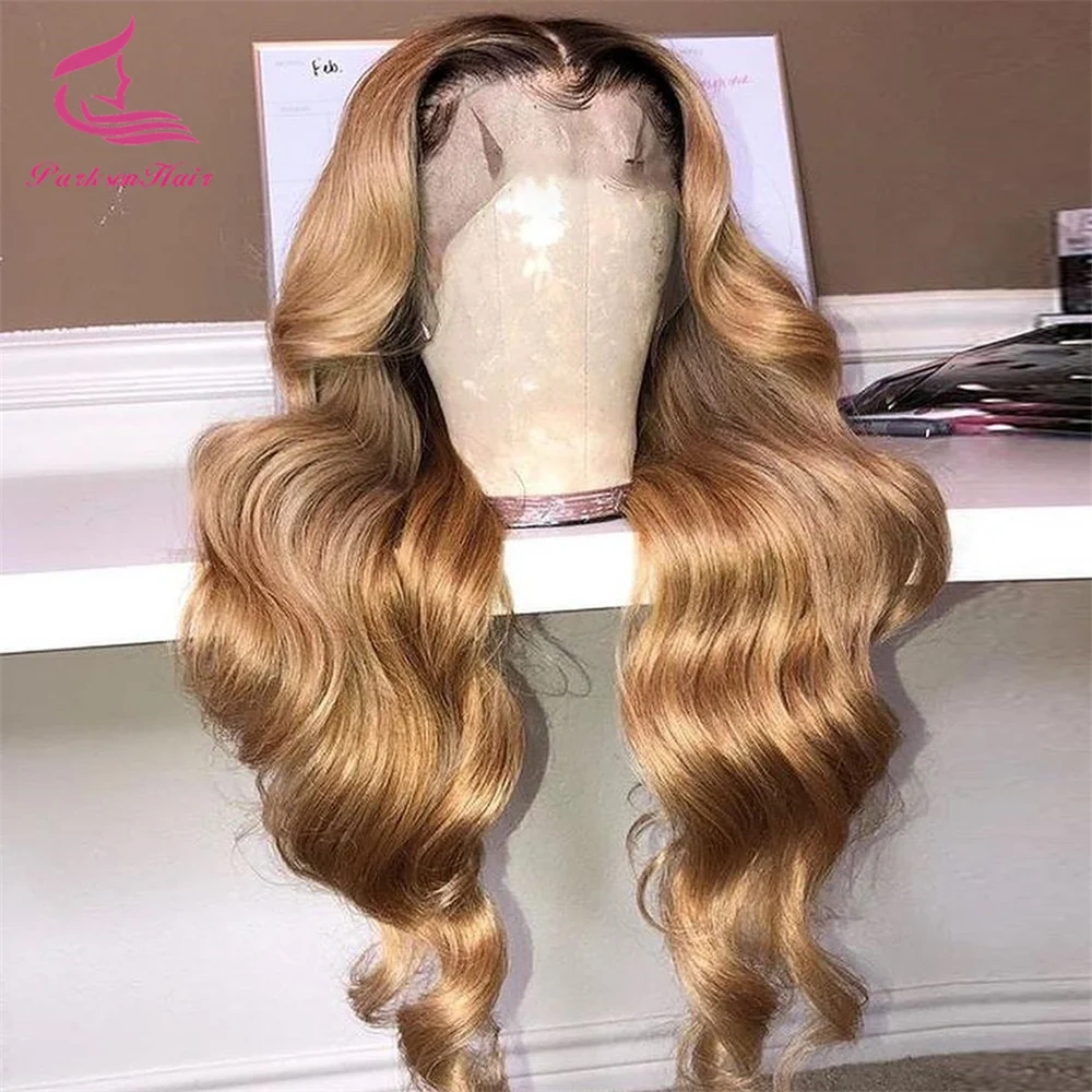 Body Wave Honey Blonde 13x6 13x4 Transparent Lace Front Human Hair Wig Brazilian PrePlucked Brown With Dark Roots Human Hair Wig