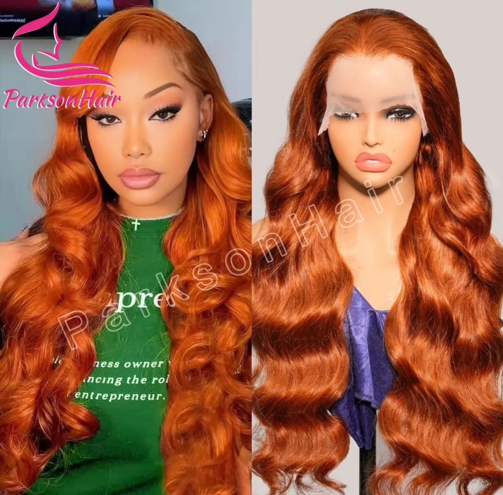 Ginger 200% 13x4 Transparent Lace Front Human Hair Wigs Pre Plucked Brazilian Orange Body Wave #350 Lace Frontal Wig For Women
