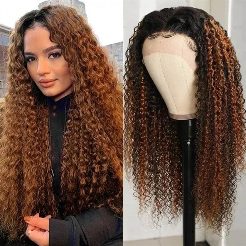 Wear & Go Glueless Human Hair Wig Deep Curly 1b/27 Highlight Lace Front Wig 100% Human Hair 5x5 Lace Closure Wig With Dark Roots