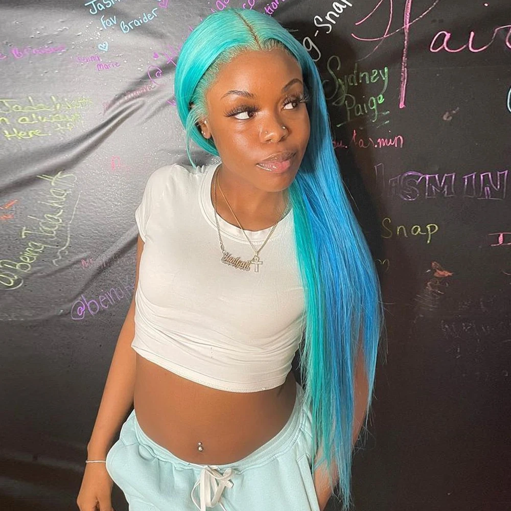 Light Blue Straight 13x6 Transparet Lace Front Human Hair Wigs Pre Plucked Brazilian Dark Blue 13x4 Lace Frontal Wigs For Women