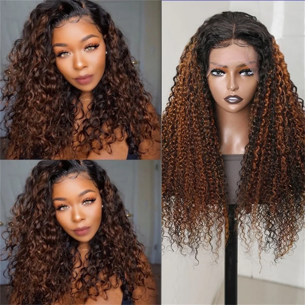 Wear & Go Glueless Human Hair Wig Deep Curly 1b/27 Highlight Lace Front Wig 100% Human Hair 5x5 Lace Closure Wig With Dark Roots