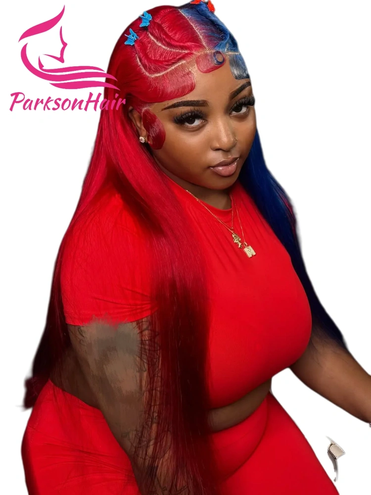 Blue With Red 13x4 13x6 Transparent Lace Frontal Wigs Brazilian Human Hair Wave Wig Ombre Blonde Colored For Women Pre-Plucking