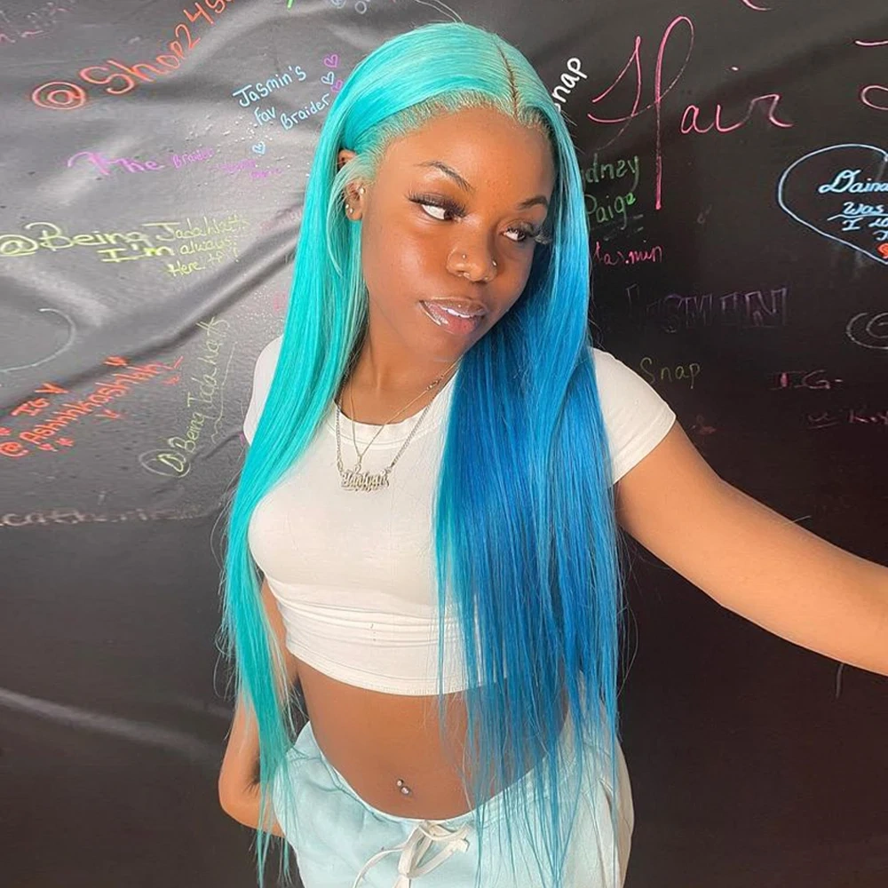 Light Blue Straight 13x6 Transparet Lace Front Human Hair Wigs Pre Plucked Brazilian Dark Blue 13x4 Lace Frontal Wigs For Women