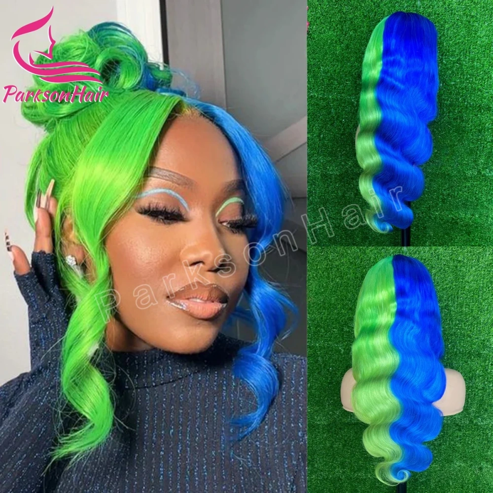 Blonde Colored 13x4 13x6 Transparent Lace Front Human Hair Wig Body Wave Blue With Green Lace Frontal Wig For Women Pre-Plucked