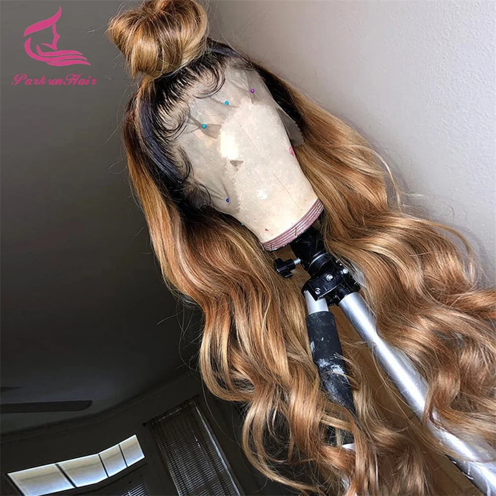 Body Wave Honey Blonde 13x6 13x4 Transparent Lace Front Human Hair Wig Brazilian PrePlucked Brown With Dark Roots Human Hair Wig