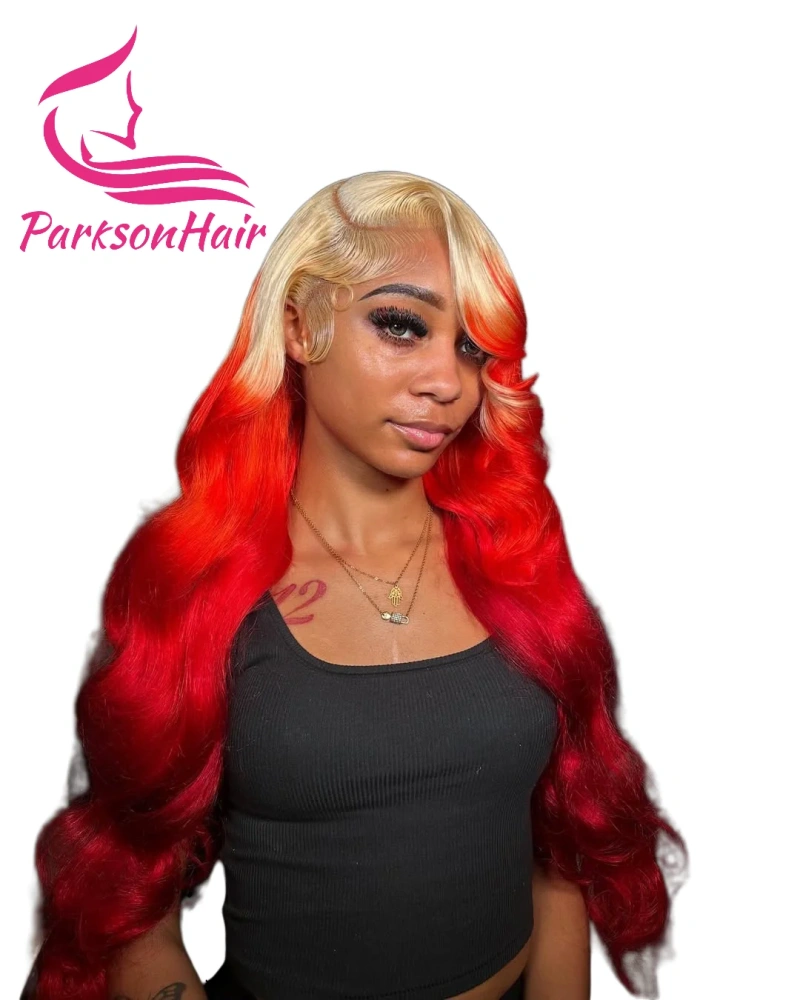 Ombre Hot Red 13x4 13x6 Transparent Lace Frontal Wigs Brazilian Raw Human Hair Wave Wig Blonde Colored For Women Pre-Plucking