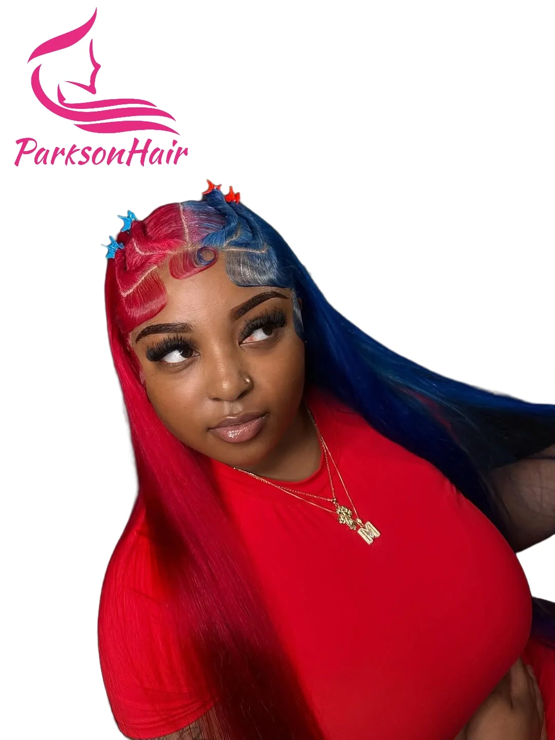 Blue With Red 13x4 13x6 Transparent Lace Frontal Wigs Brazilian Human Hair Wave Wig Ombre Blonde Colored For Women Pre-Plucking