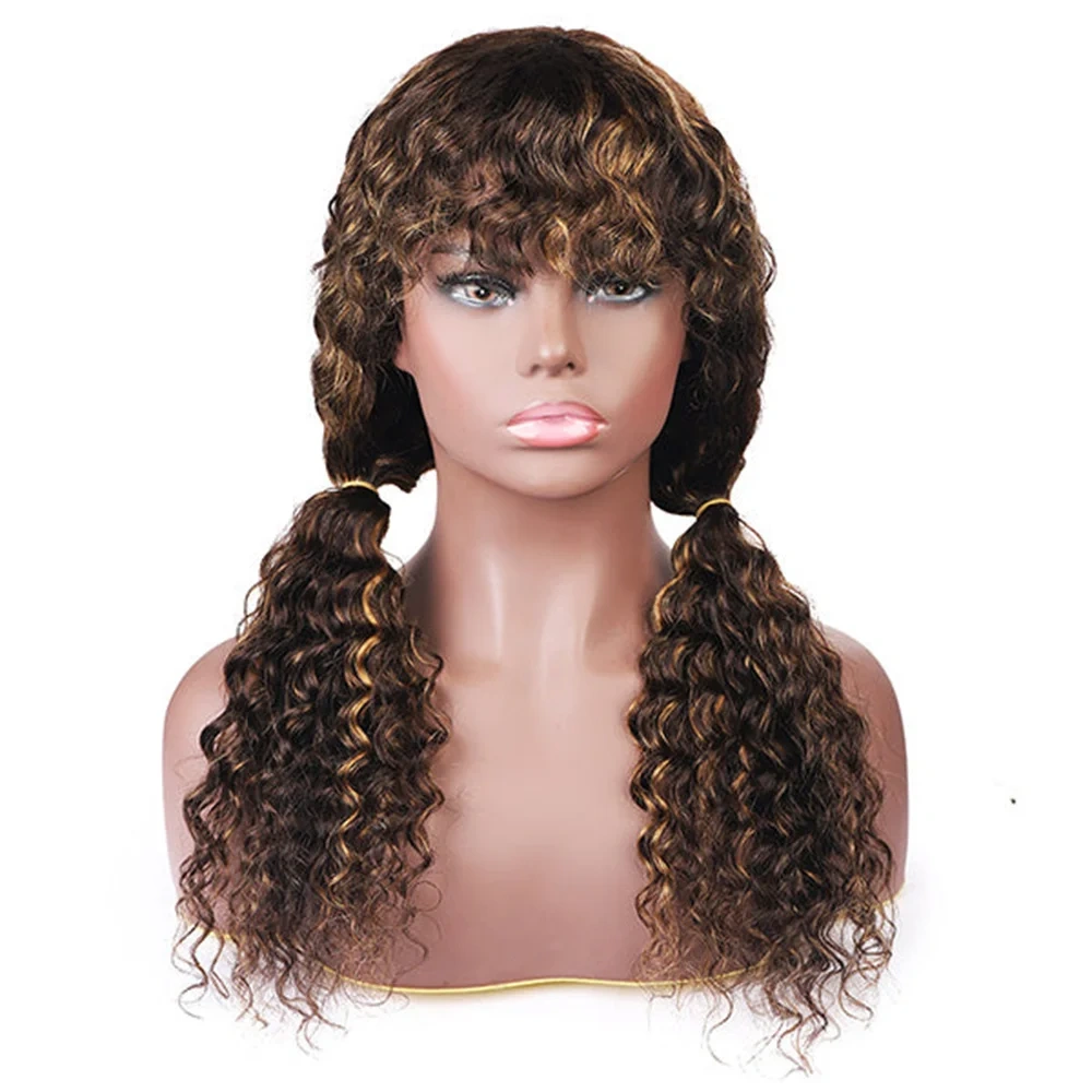 4/27 Deep Wave Glueless Human Hair Wig With Bangs Drawsting Ready To Go 5x5 Lace Closure Wigs Human Hair Lace Front Wig No Glue