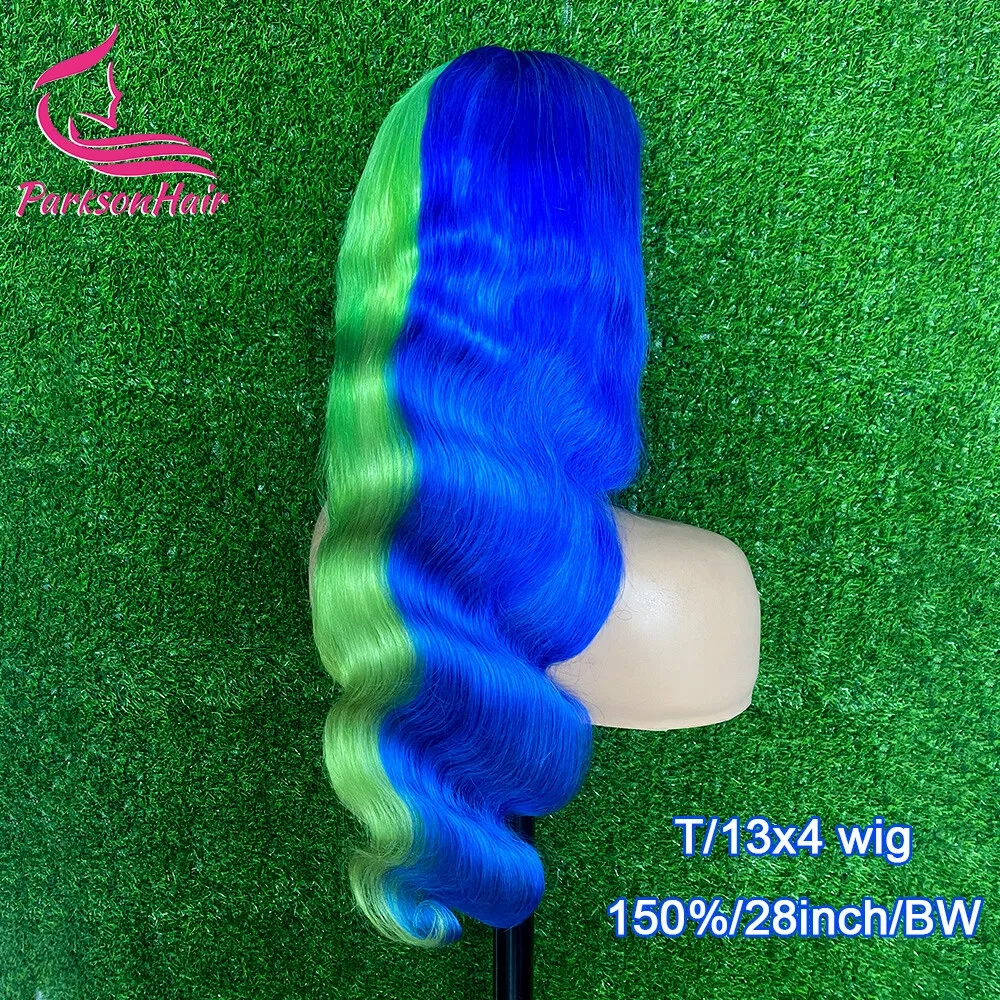 Blonde Colored 13x4 13x6 Transparent Lace Front Human Hair Wig Body Wave Blue With Green Lace Frontal Wig For Women Pre-Plucked